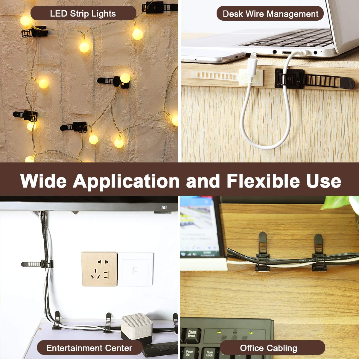 50Pcs Adjustable Adhesive Cable Management Clips, Nylon Cable Strap Ties Wire Clips Clamps Organizer with Strong Adhesive Tape, Extra Screw & Hole for Strong Fixation Home Office - 3.35 Inch Black