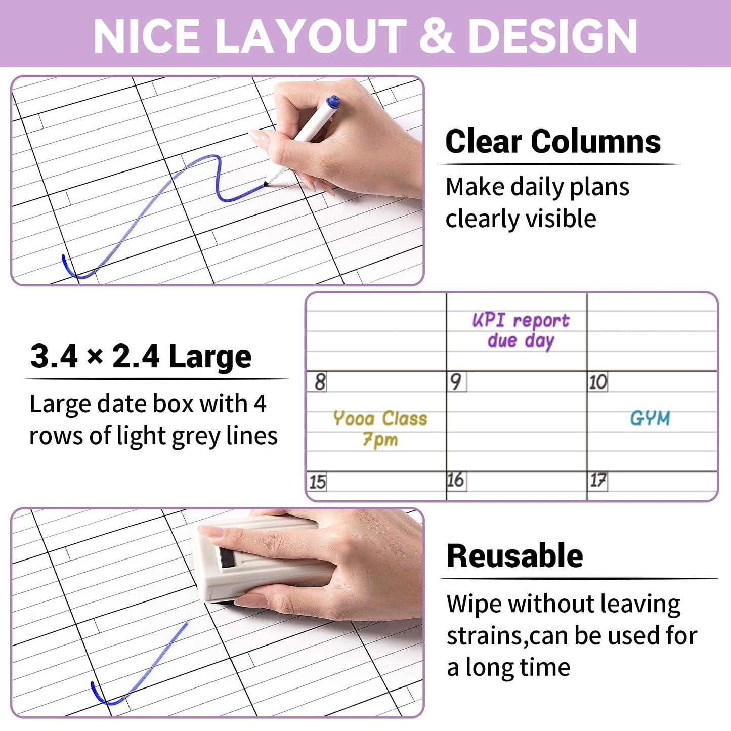 Large Dry Erase Calendar For Wall - Undated 3 Month Calendar, 28'' x 40'', Erasable & Reusable Laminated White Board With 8 Round Stickers, Vertical Layout for Office, Classroom and Home