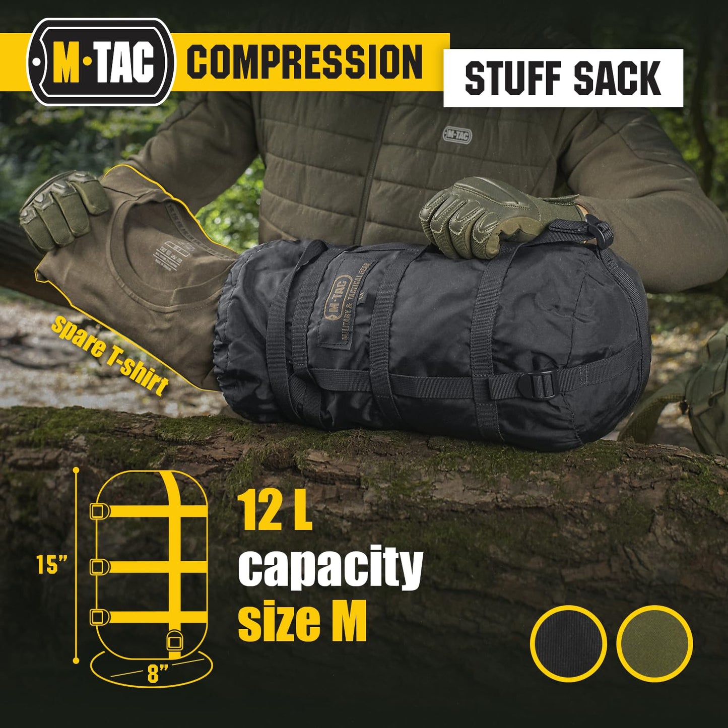 M-Tac Compression Stuff Sack for Sleeping Bag Military Water Resistant Compression Bag Lightweight Nylon Compression Sack for Travel, Camping, Hiking, Outdoor (Black, L - 24 liters)