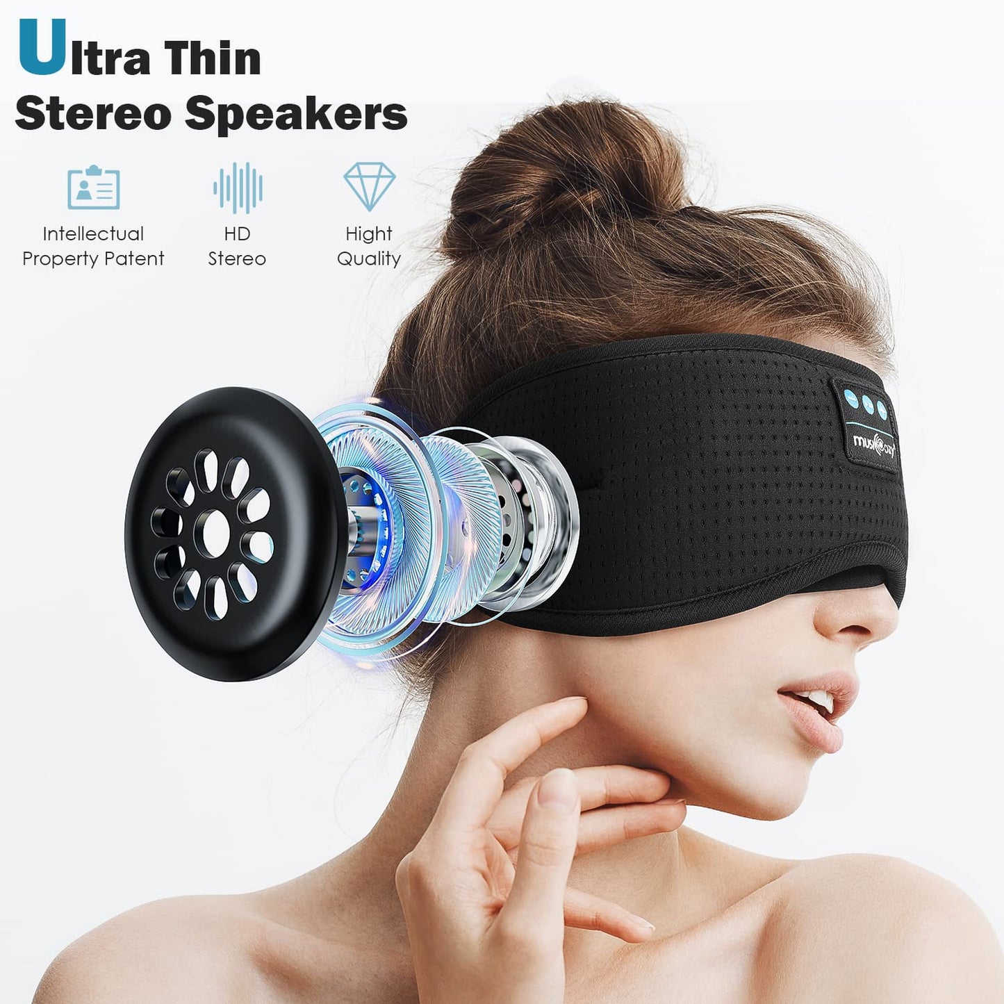 MUSICOZY Sleep Headphones, Bluetooth Sleeping Mask Headband Headphones Eye Mask, Wireless Music Earbuds Earphones with HD Ultra-Thin Stereo Speakers for Side Sleepers Men Women