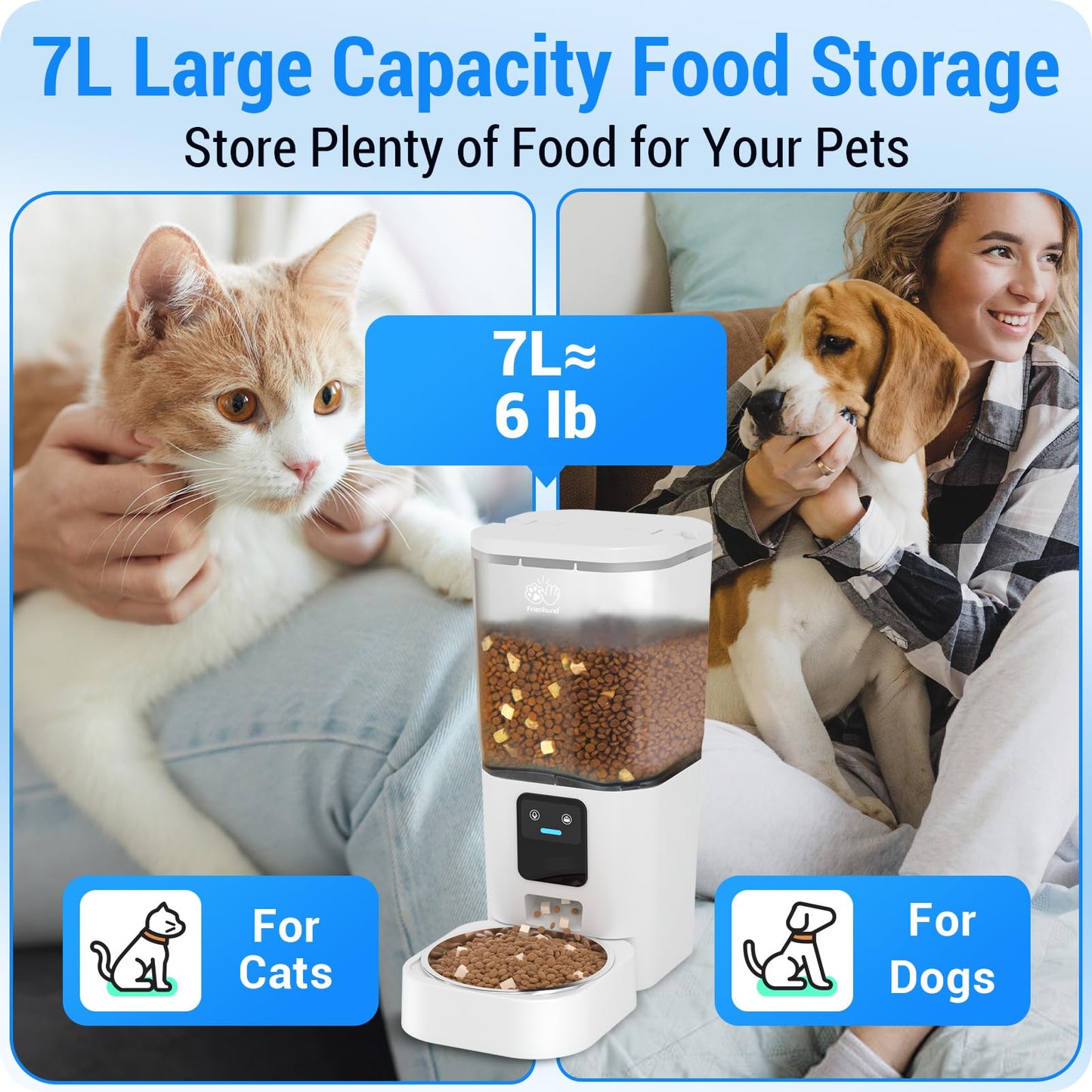 Frienhund Automatic Cat Feeder with Slow Feed: 5G WiFi Automatic Dog Feeder with Large Pet Food Storage, Auto Cat Food Dispenser with Alexa for Multiple Pets, Detachable for Easy Cleaning - 29 Cup(7L)