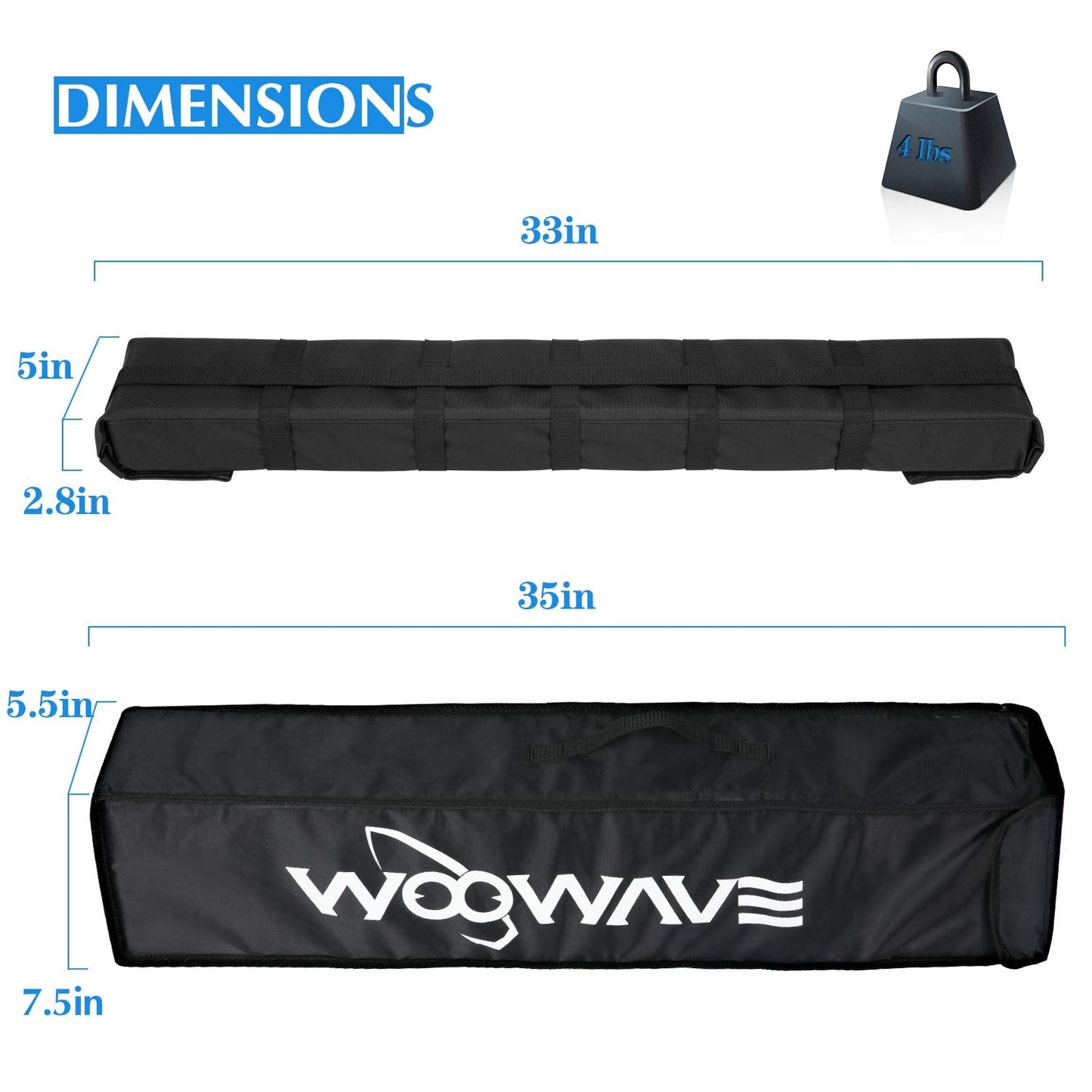 WOOWAVE Kayak Roof Rack Pads Universal Car Roof Rack Soft Premium Surf Crossbars Cross Bars for Surfboard SUP Paddleboard with 2 Waterproof Tie Down Straps and Portable Storage Bag, 33in Long (Pair)