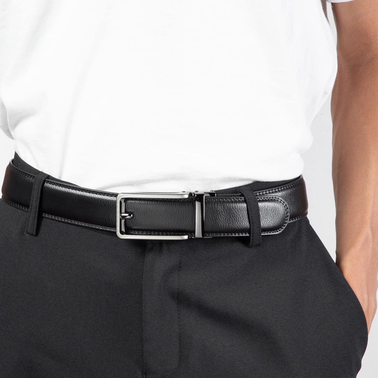Founders & C Men's Leather Ratchet Comfort Click Belt Dress with Slide Buckle -Adjustable Trim to Fit (28"-42" Waist Adjustable, Bright Gun Buckle W Classic Black Leather)