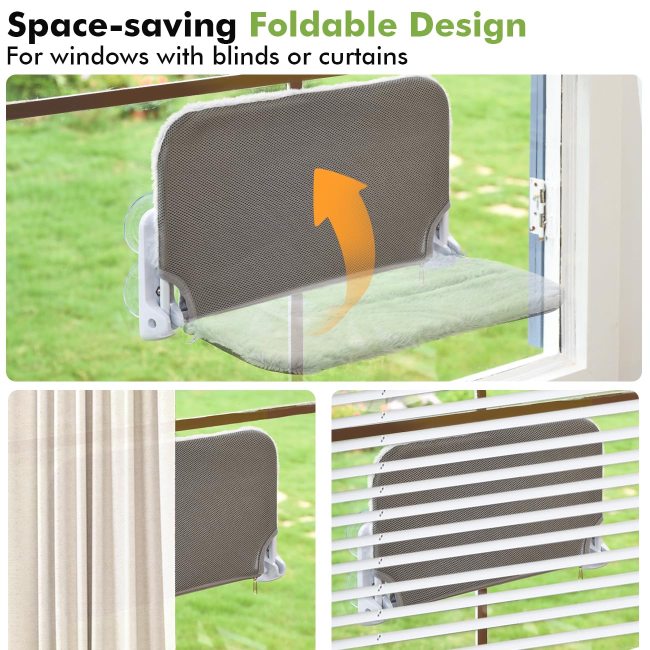 2PC Cat Window Perch Cordless Foldable Cat Hammock Bed for Window with Metal Frame and Reversible Cover, Large Suction Cups Window Resting Seat for Indoor Cats (Cat Bed, M-2PC)