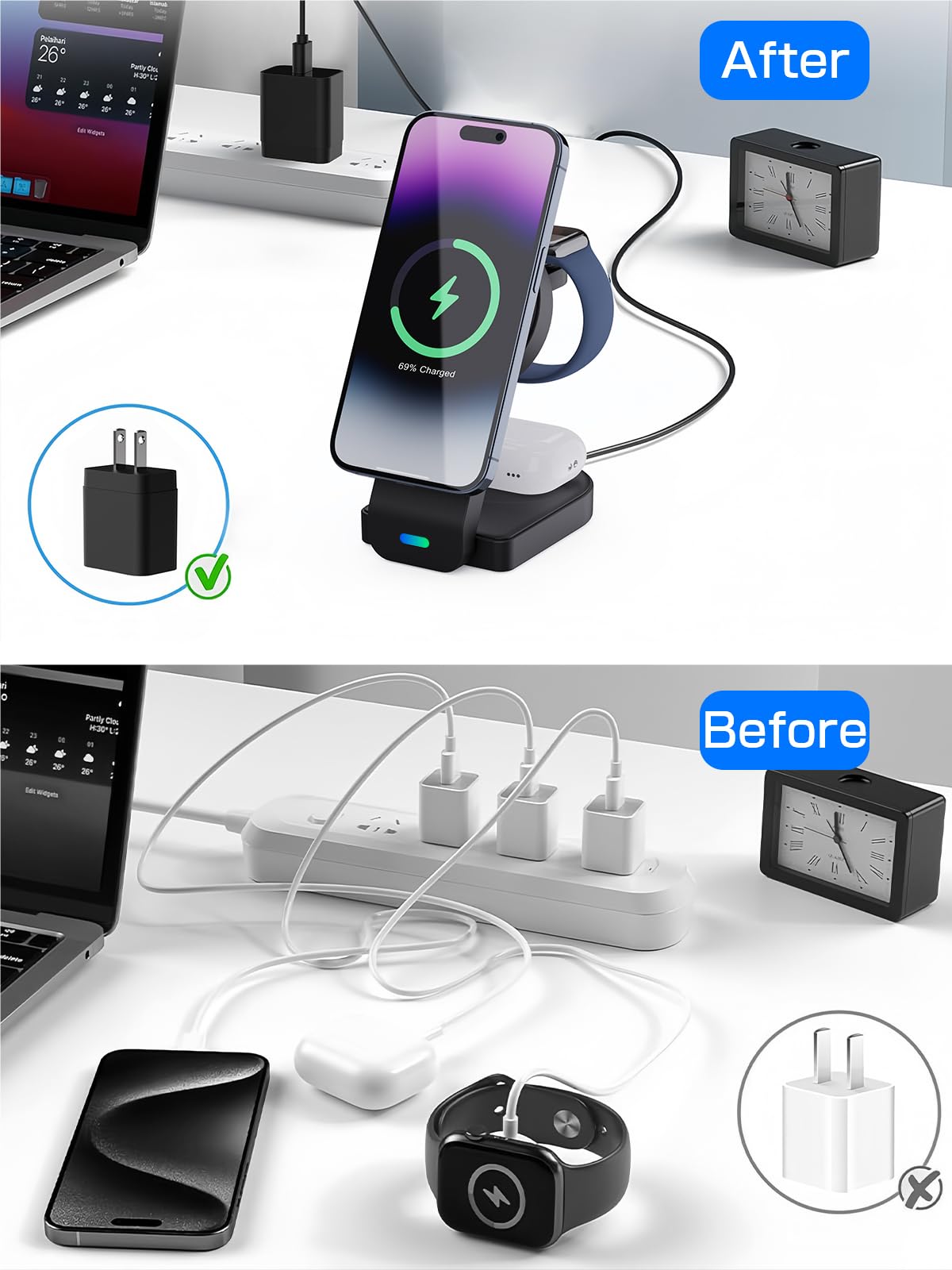2025 Magnetic 3 in 1 Wireless Charger, Mag-Safe Charger Stand Wireless Charging Station for Apple iPhone 16/15/14/13/12 Series, for Apple Watch and Airpods, 18W Foldable Fast Charging Dock - Black