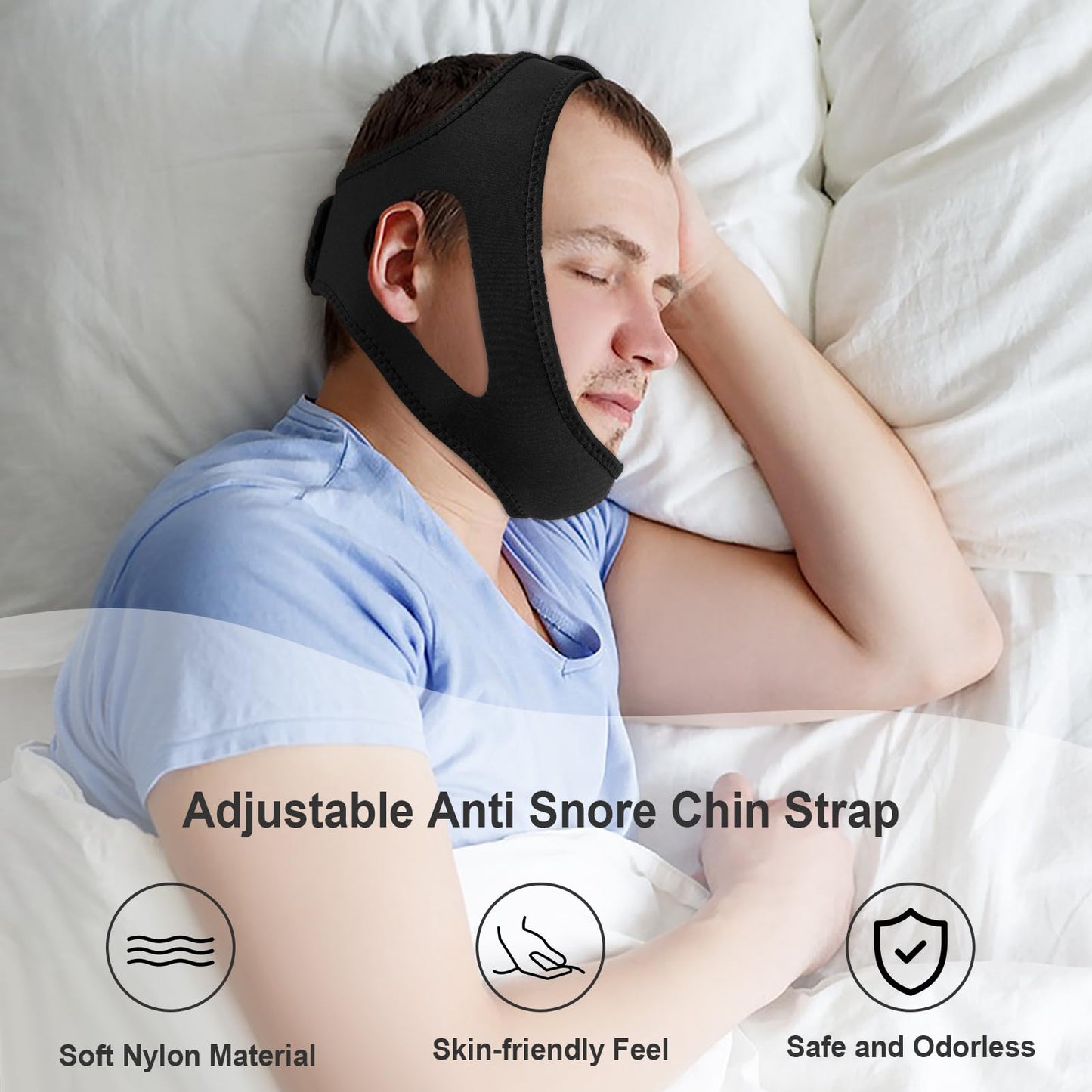 Chin Strap for Sleeping, Chin Strap for Snoring, Adjustable and Breathable Anti Snoring Devices, Anti Snoring Chin Strap for Men and Women to Stop Snoring, Skin-Friendly Comfortable Sleeping -Black
