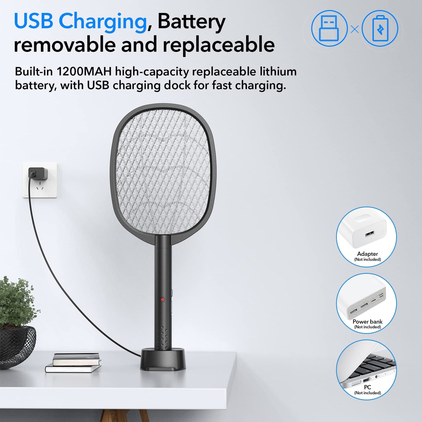 2 Pack Electric Fly Swatter 2 in 1 Bug Zapper Racket & Mosquito Zapper,4000V with USB Charging Base,Powerful Mosquito Swatter with 3 Layers of Safety Net Suitable for Indoor and Outdoor…