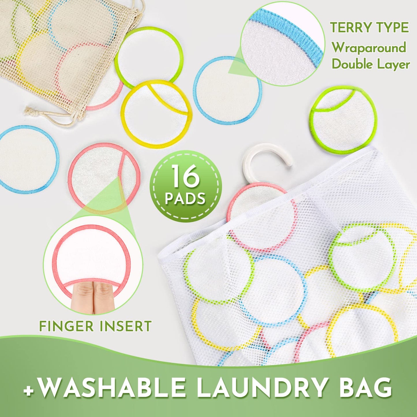 Organic Reusable Makeup Remover Pads, Pluggable & Eco-Friendly Natural Bamboo Cotton Rounds with Laundry Bag and Dry Net Bag, 16Pcs Double-Layer Cloths Bamboo Soft Cotton Rounds for All Skin Types