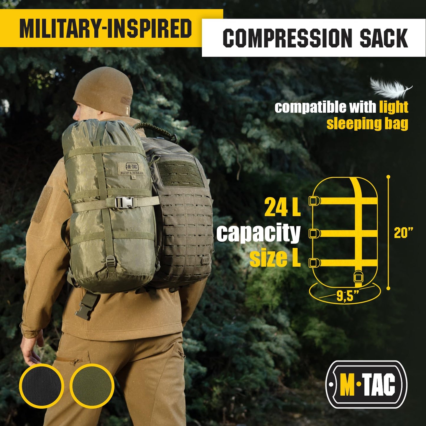 M-Tac Compression Stuff Sack for Sleeping Bag Military Water Resistant Compression Bag Lightweight Nylon Compression Sack for Travel, Camping, Hiking, Outdoor (Black, L - 24 liters)