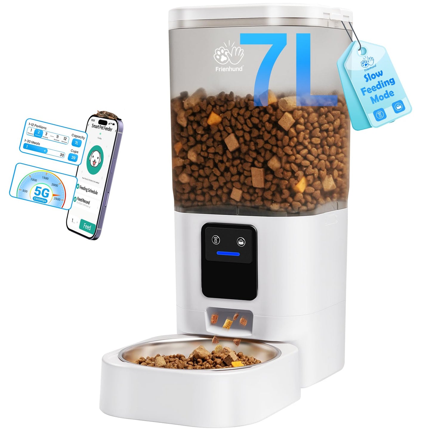 Frienhund Automatic Cat Feeder with Slow Feed: 5G WiFi Automatic Dog Feeder with Large Pet Food Storage, Auto Cat Food Dispenser with Alexa for Multiple Pets, Detachable for Easy Cleaning - 29 Cup(7L)