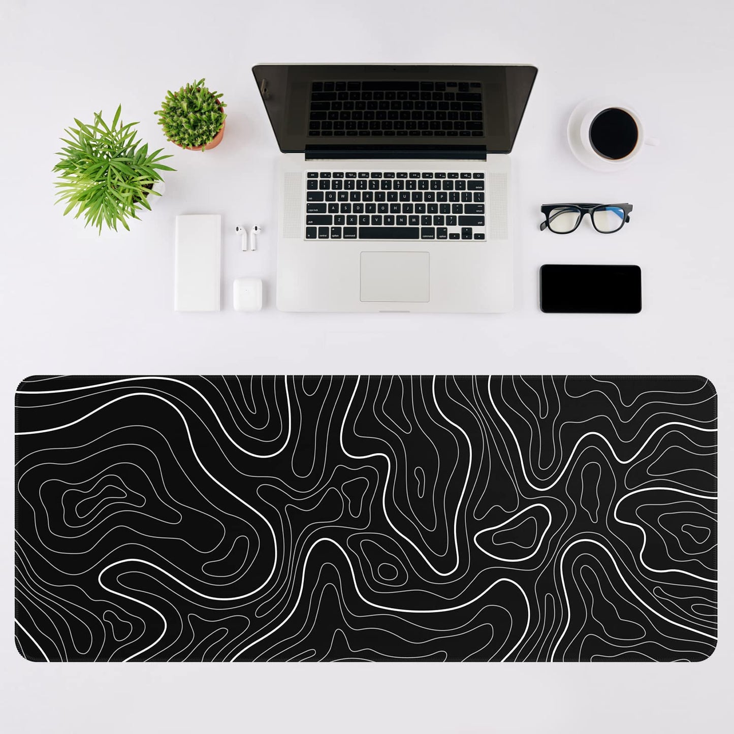 DIGSOM Mouse Pad Gaming Mousepad 31.5 x 11.8in Large Mouse Pad for Keyboard and Mouse with Anti-Slip Rubber Base, Keyboard Pad XL Mouse Mat for Home and Office(Black with White Topographic Line)
