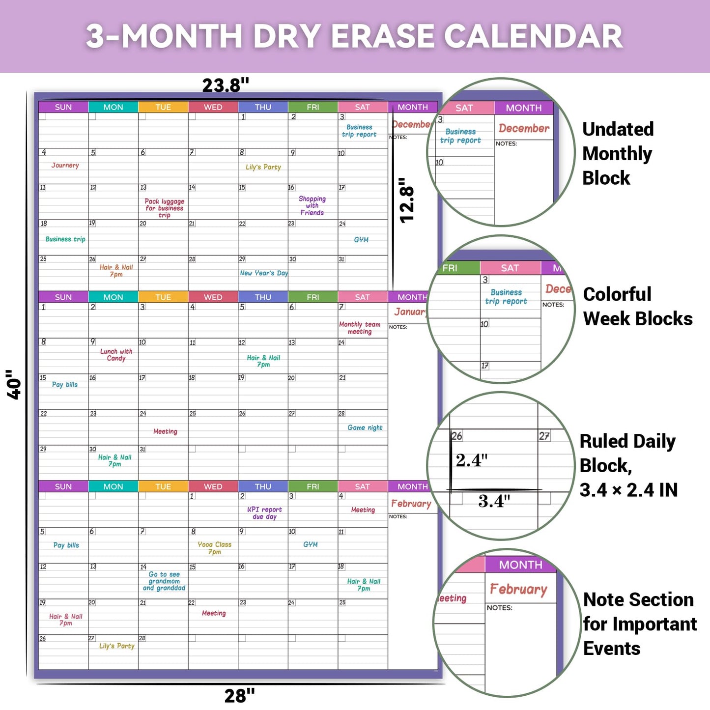 Large Dry Erase Calendar For Wall - Undated 3 Month Calendar, 28'' x 40'', Erasable & Reusable Laminated White Board With 8 Round Stickers, Vertical Layout for Office, Classroom and Home