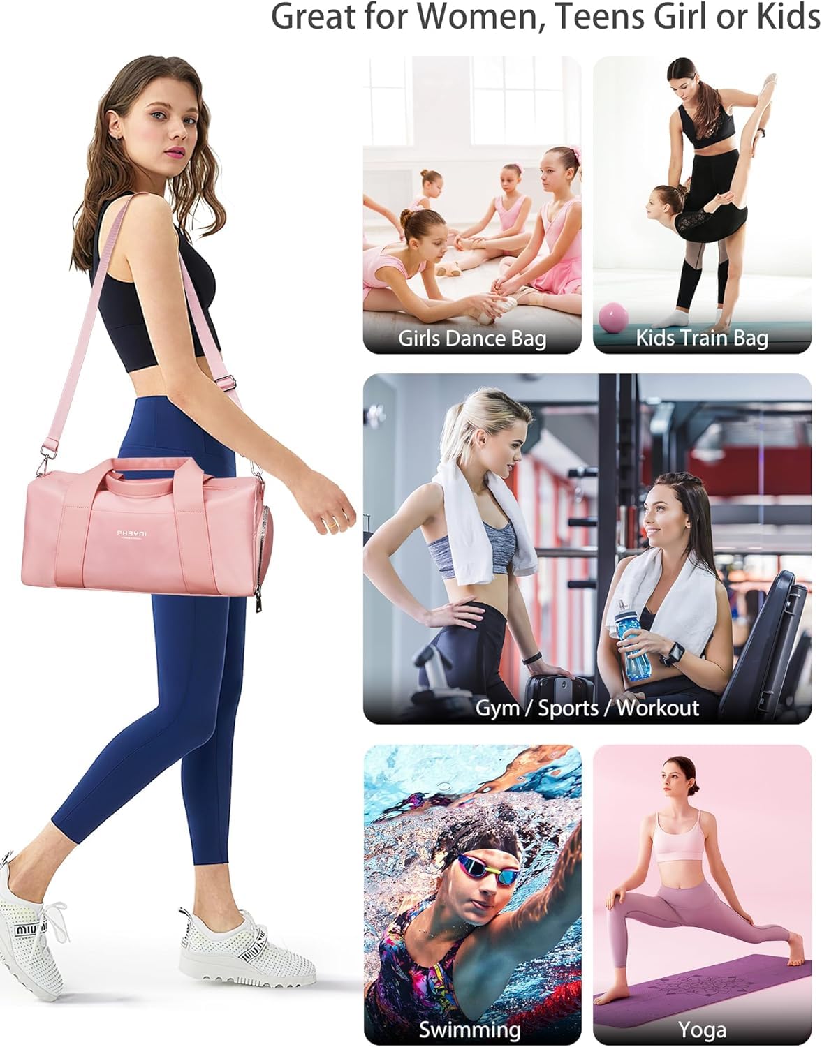 PHSYNI Compact Sports Gym Bag for Women Girls, Cute Mini Duffle Bag with Wet Pocket & Shoes Compartment, Personal Item Travel Workout Bag, 16"-Small, Pink