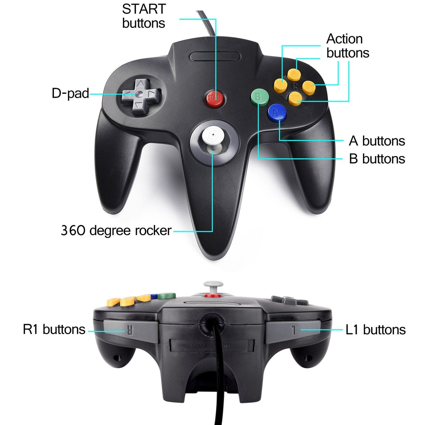 2xClassic N64 Controller,kiwitata Retro Wired N64 Gamepad Controller Joystick for N64 Video Console Games System Black+Gray