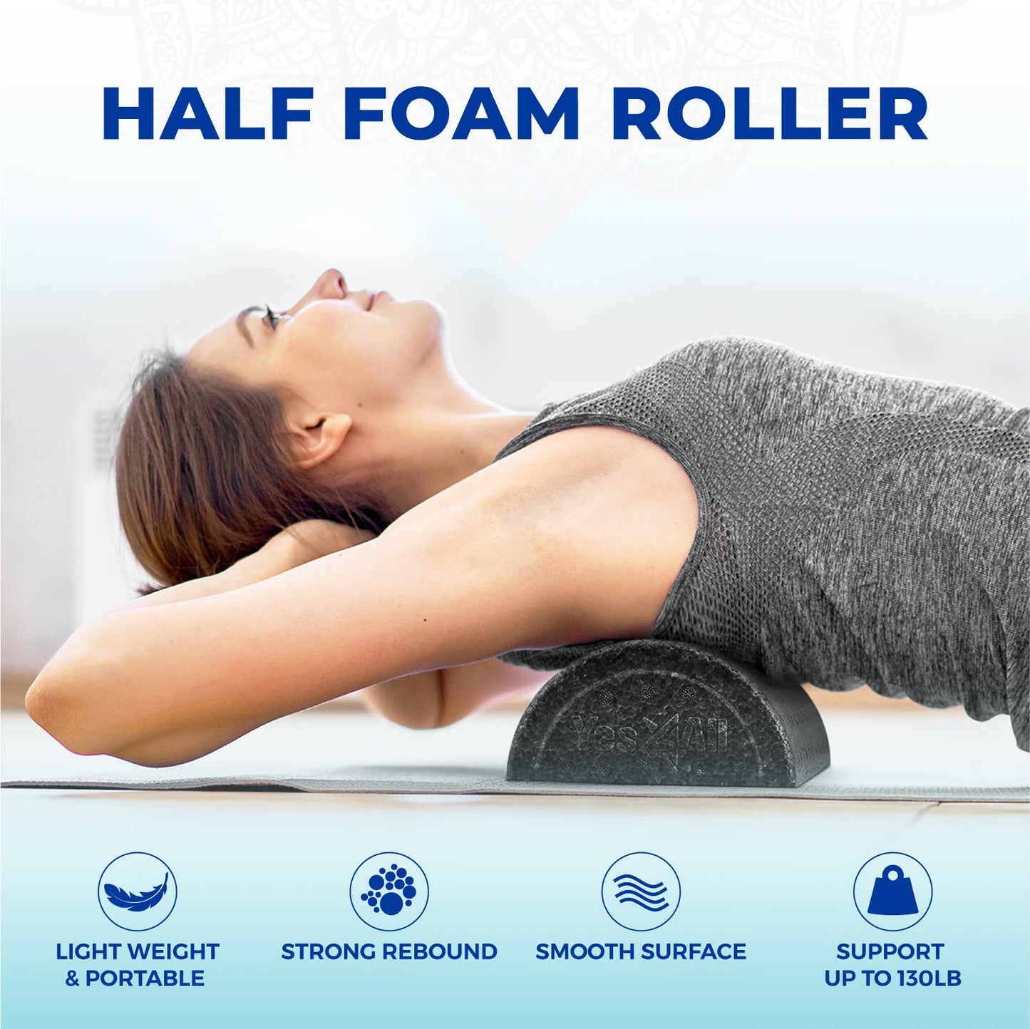 Yes4All High Density Half Round Foam Roller for Yoga, Half Circle Foam Roller for Back, Calf & Spine, 12", 18", 24", 36"