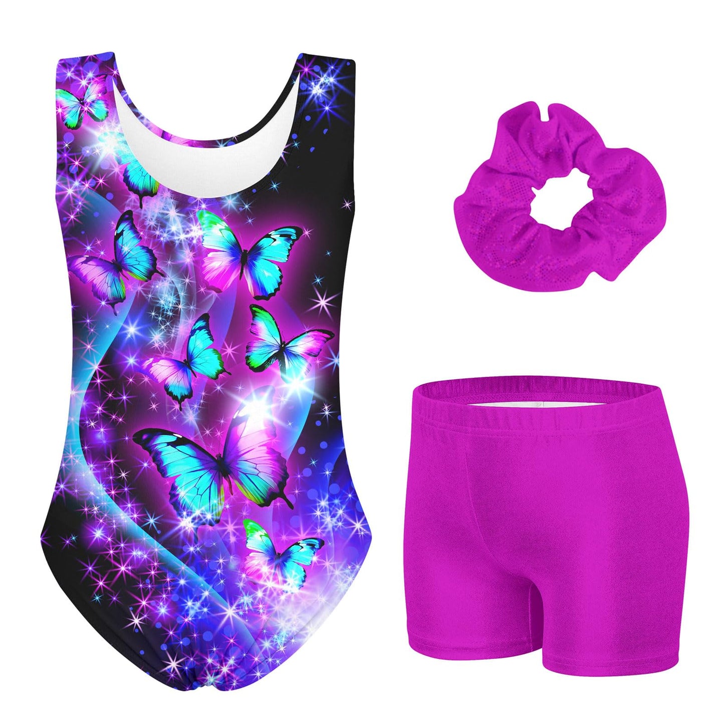 3 Piece Leotard for Little Girls Gymnastics with Purple Boy Shorts for 4t 5t Kid Girls' Sparkle Diamond Black 3D Print Butter-fly Athletic Outfits with Hair Scrunchie for Girl Sporting.Size 4 5