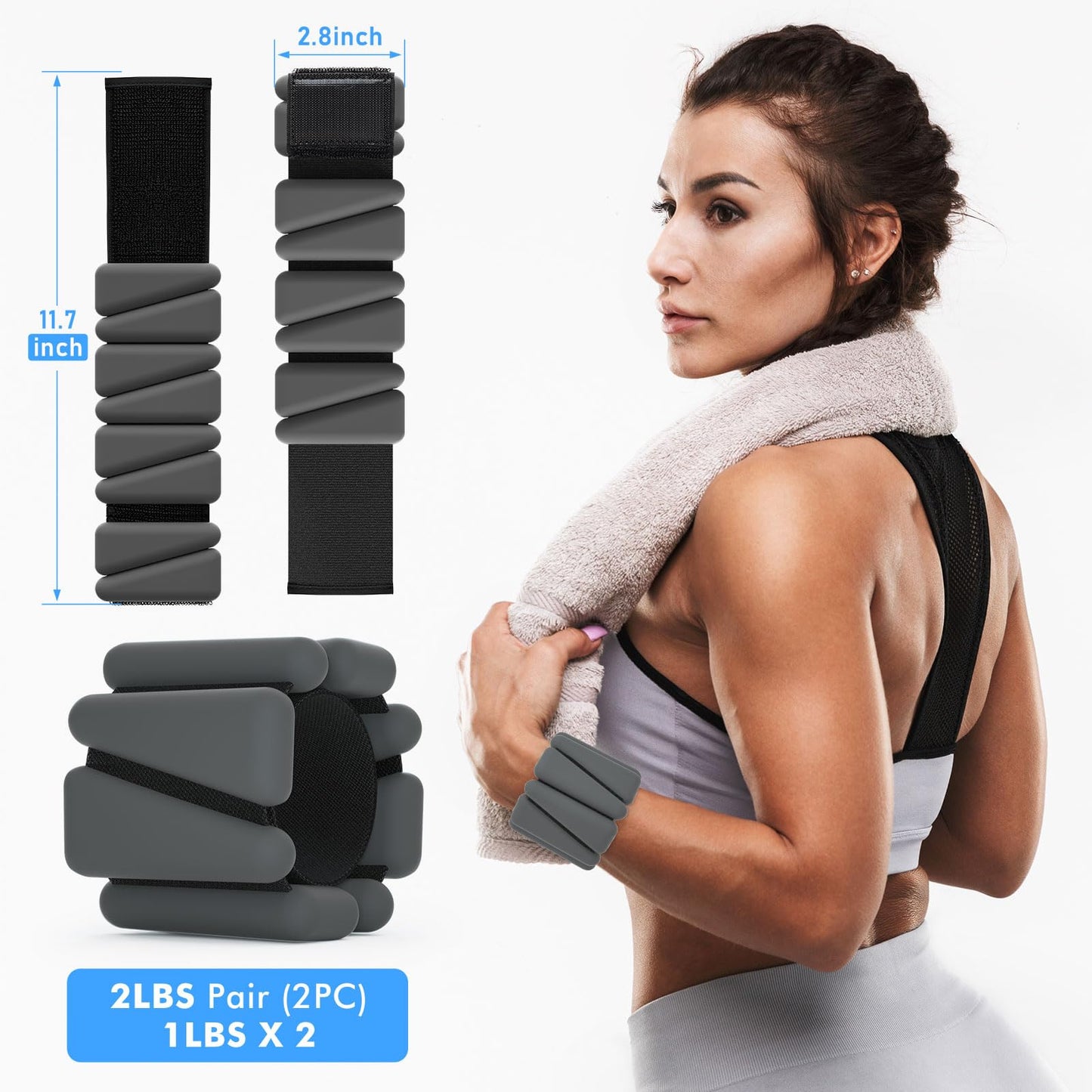 Wrist Weights, Ankle Weights for Women Men, Adjustable Wrist Weighted Bracelet for Home Gym Workout, Running, Yoga, Exercise, Strength Training, Set of 2 (1LB Each)-Grey
