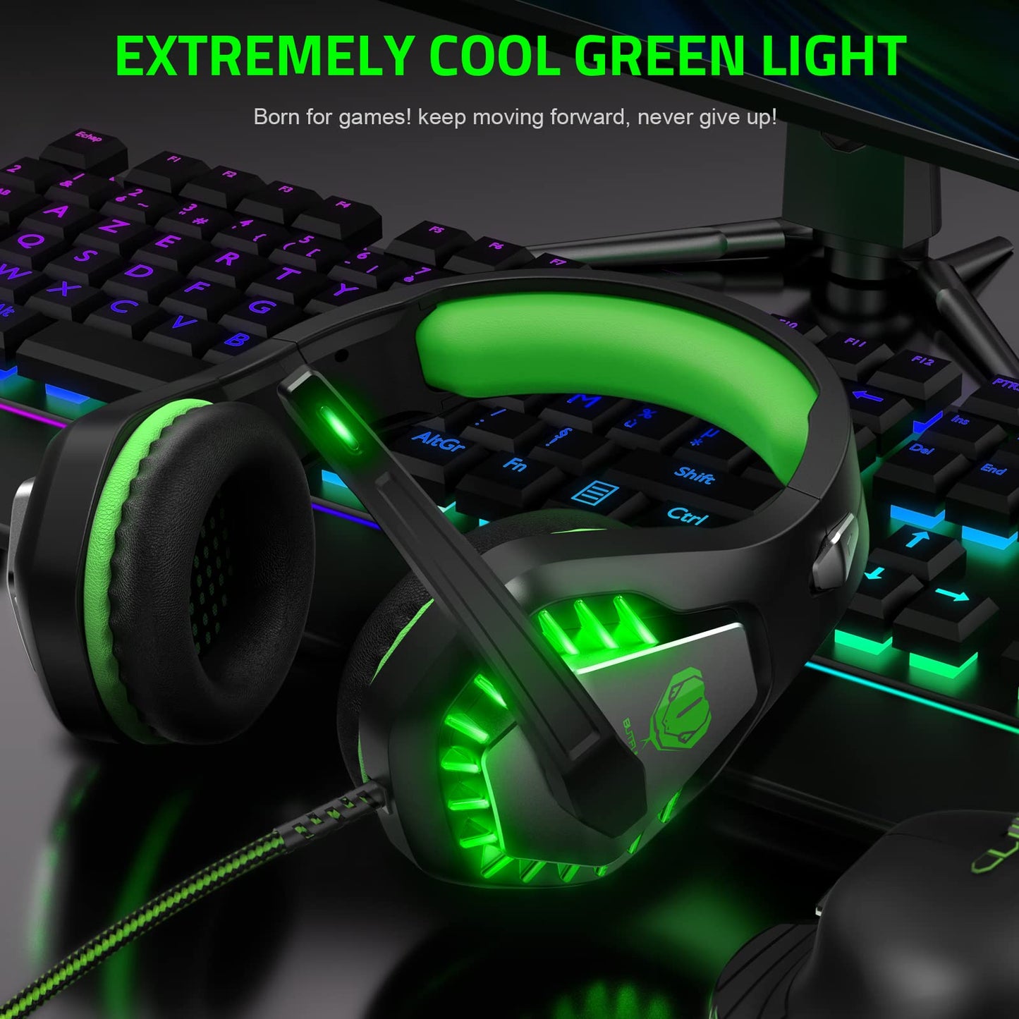 Pacrate Gaming Headset with Microphone for PC, PS4, PS5, Switch, Xbox Series X/S, Noise Cancelling Gaming Headphones with LED Lights for Kids Adults, Black Green