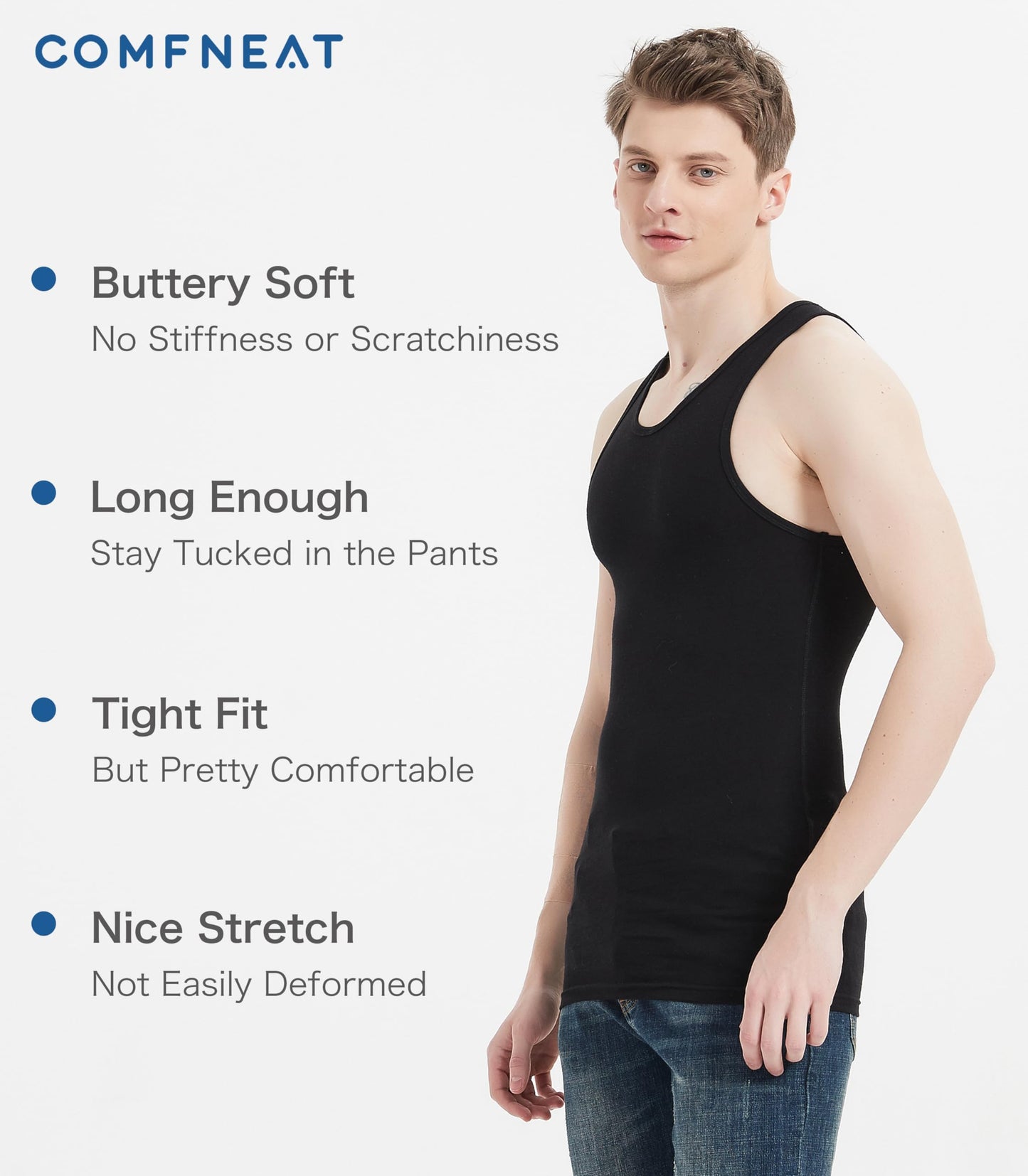 Comfneat Men's 6-Pack A-Shirts Tight Fit Tank Tops Cotton Spandex Undershirts (Black 6-Pack, XXL)