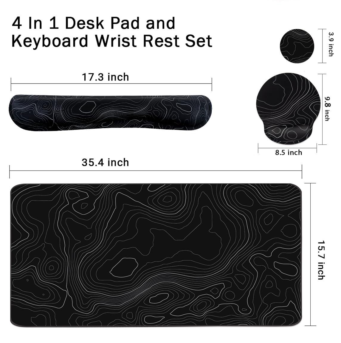 4-in-1 Gaming Mouse Pad Wrist Support Set,Desk Pad + Mouse Pad with Wrist Rest + Keyboard Wrist Rest + Coaster, Ergonomic Design for Home Office Study Game - Topographic Contour