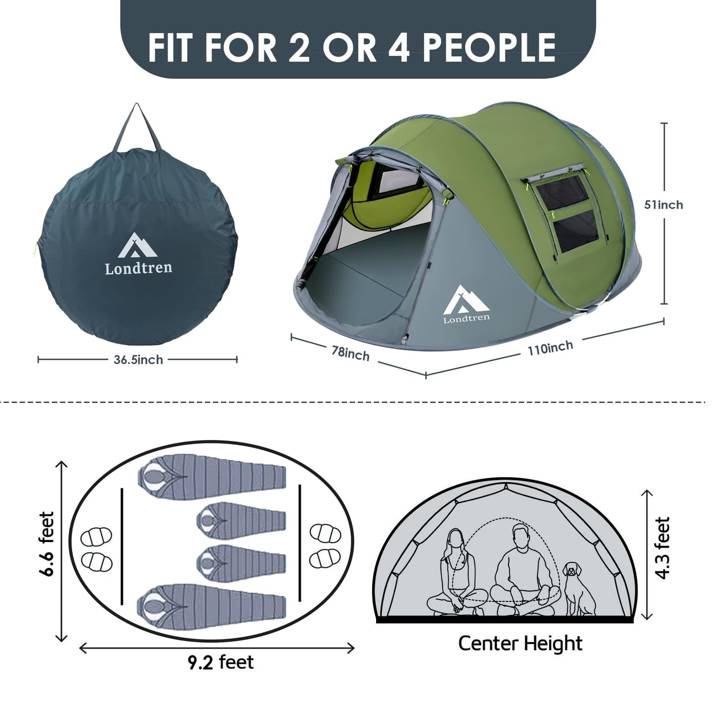 Pop Up Tents for Camping 4 Person Waterproof Military Popup Tent Camping Easy Up Camping Tents Instant Pop Up Tent Big Green