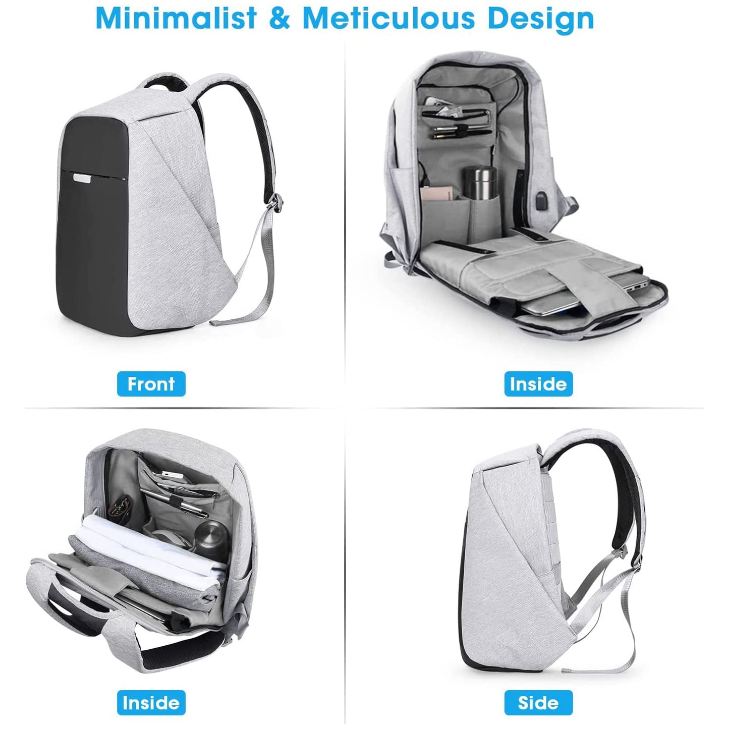 oscaurt Anti Theft Backpack 15.6 Inch Laptop Travel Backpack with Hidden Zipper and USB Charging Port Waterproof Business Computer Bag for Men & Women