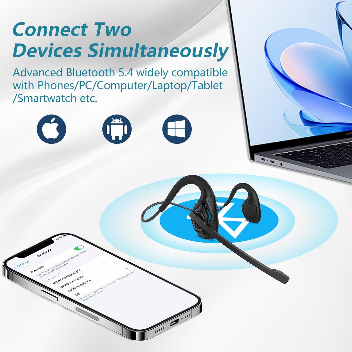 BANIGIPA Bluetooth Headset with Boom Microphone, Open Ear Headphones w/Noise Canceling Mic, Wireless Headset for Phone Laptop PC Computer, Light and Comfortable for Office Meeting Home Working-10 Hrs
