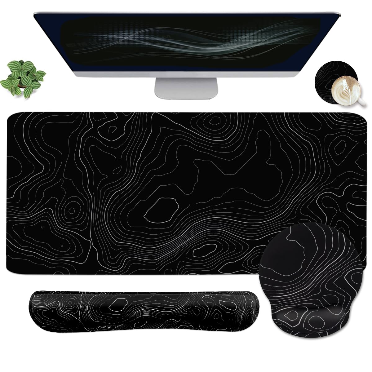 4-in-1 Gaming Mouse Pad Wrist Support Set,Desk Pad + Mouse Pad with Wrist Rest + Keyboard Wrist Rest + Coaster, Ergonomic Design for Home Office Study Game - Topographic Contour