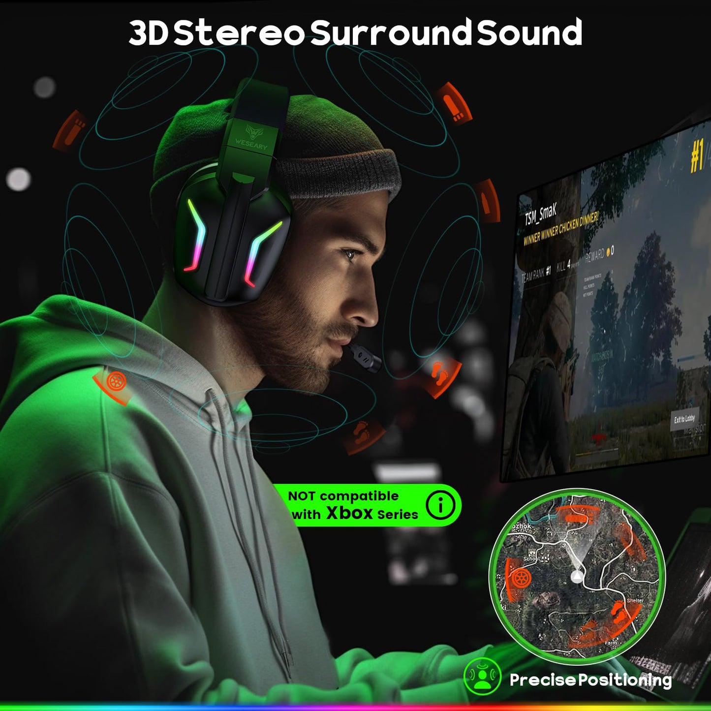 WESEARY Wireless Gaming Headsets for PC, PS5, PS4, Switch, Mac, 2.4GHz Wireless Gaming Headphone with ENC Noise Canceling Microphone, Bluetooth 5.4, Cool Lighting, 50H Battery, 50mm Drivers