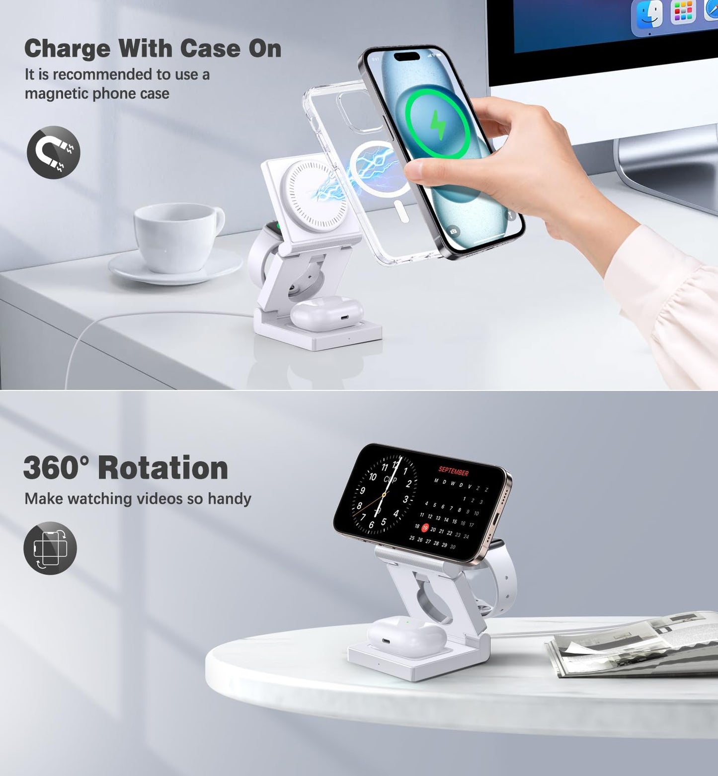 3 in 1 Wireless Charging Station for Apple Multple Devices - Foldable Magnetic Wireless Charger Dock -Travel 18W Charging Pad for iPhone 16 15 14 13 12 Pro/Pro Max/Plus/Watch & Airpods All Series