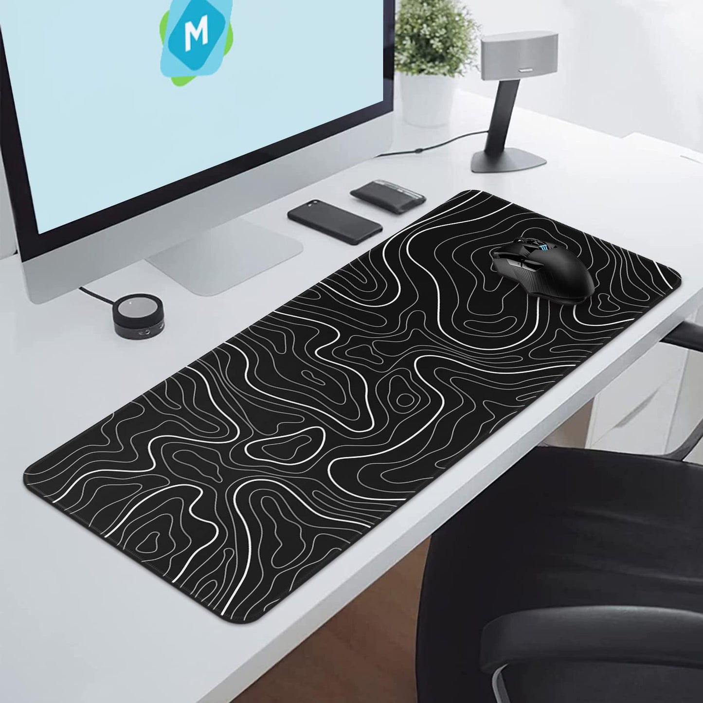 DIGSOM Mouse Pad Gaming Mousepad 31.5 x 11.8in Large Mouse Pad for Keyboard and Mouse with Anti-Slip Rubber Base, Keyboard Pad XL Mouse Mat for Home and Office(Black with White Topographic Line)