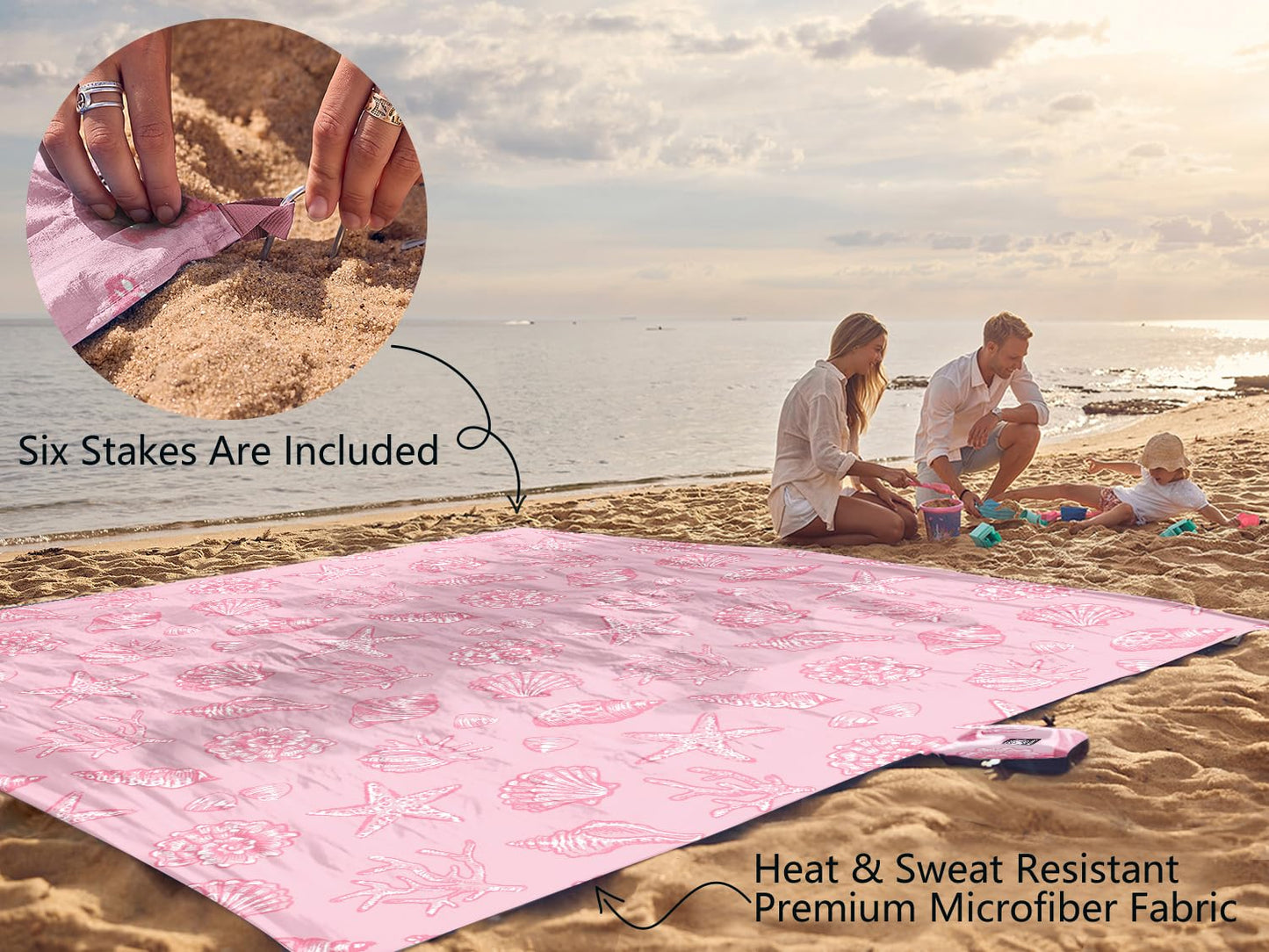 WEKAPO Beach Blanket Waterproof Sandproof Oversized, Extra Large Beach Mat Sand Free, Lightweight & Compact Sand Free Mat with 6 Stakes & 4 Corner Pockets (Pink Sea Shells, 11 x 9 FT (1~9 Person))