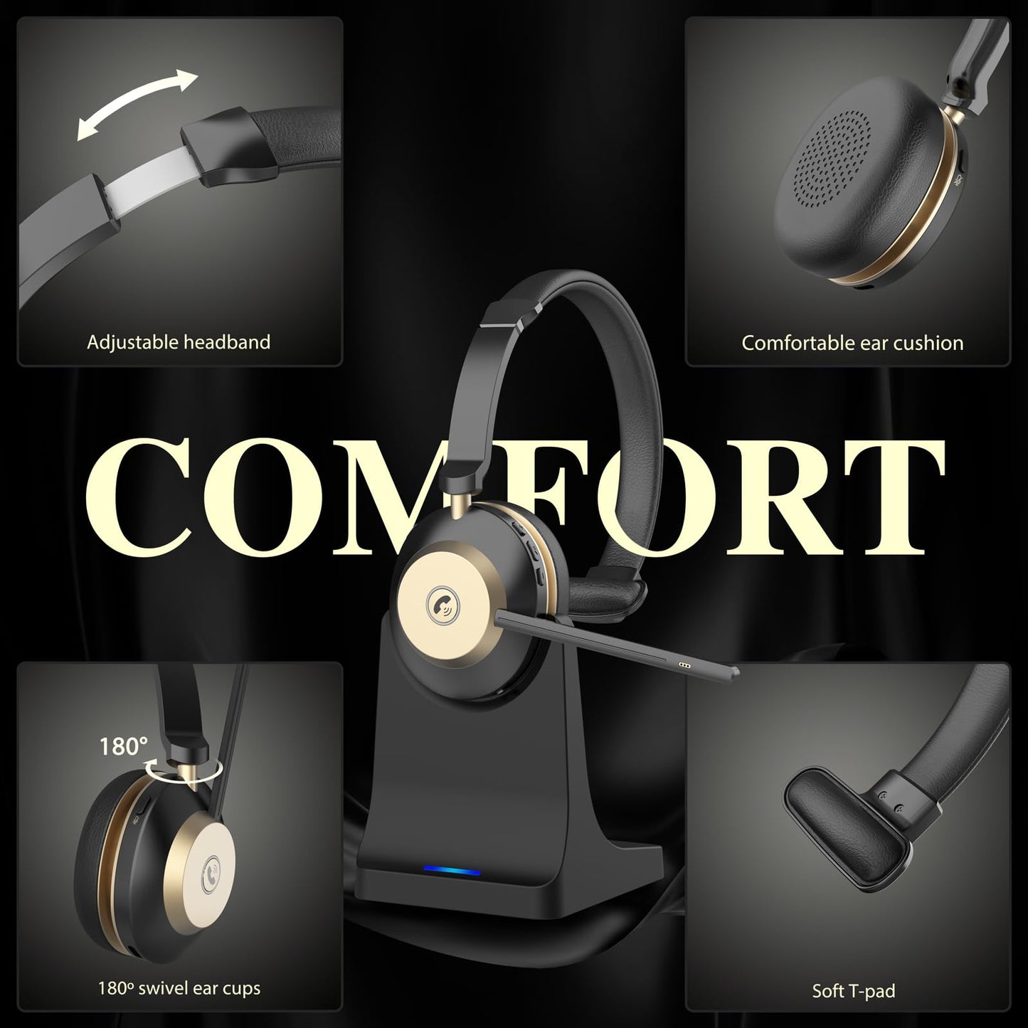 NOTESNEE V5.3 Wireless Headset with Mic for Work, 45Hrs Computer Headset with Microphone, Bluetooth Headphones with Noise Cancelling Mic, Charging Base, USB Dongle & Mute Button for PC, Skype, Zoom