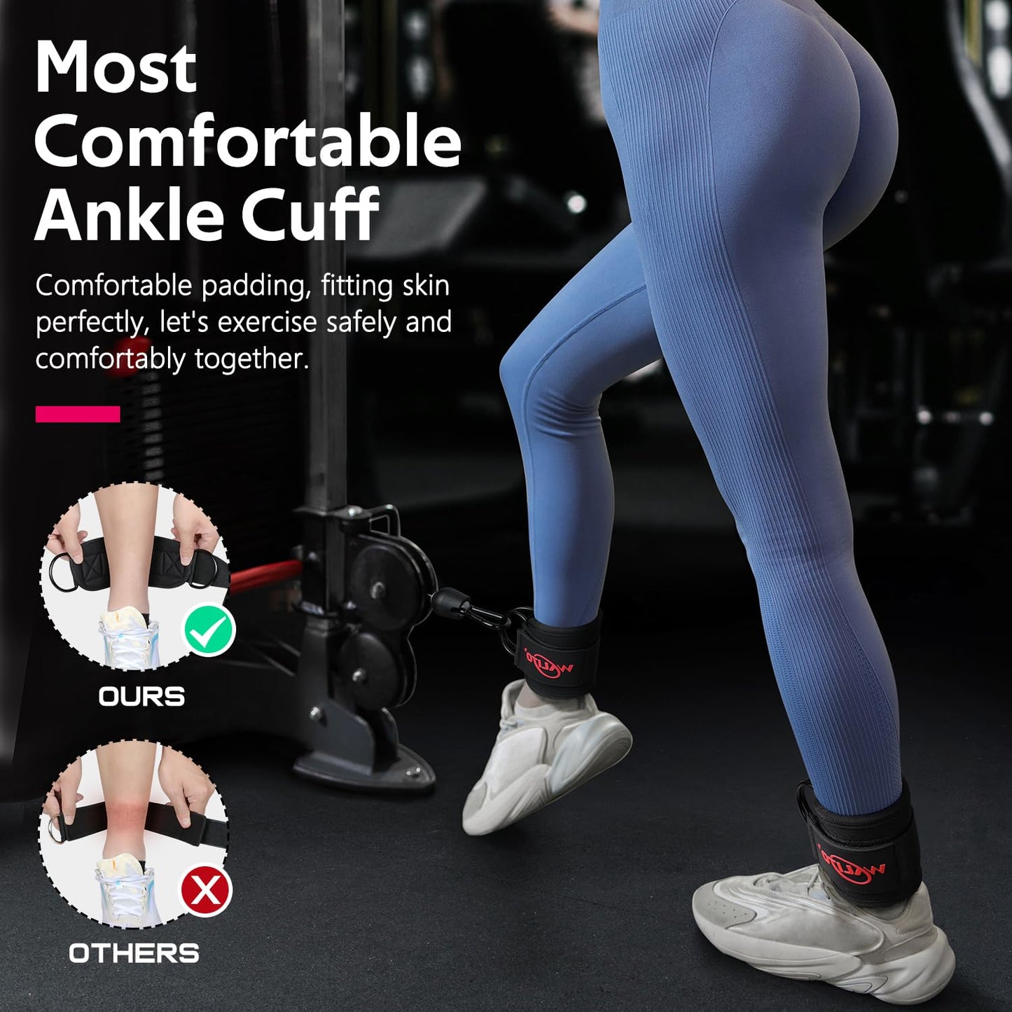 WALITO Ankle Straps for Cable Machines Women - Glute Ankle Cuff Kickback Strap, Gym Cable Machine Accessories for Glute Leg Extensions, Hip Abductors & Lower Body Exercises Equipment