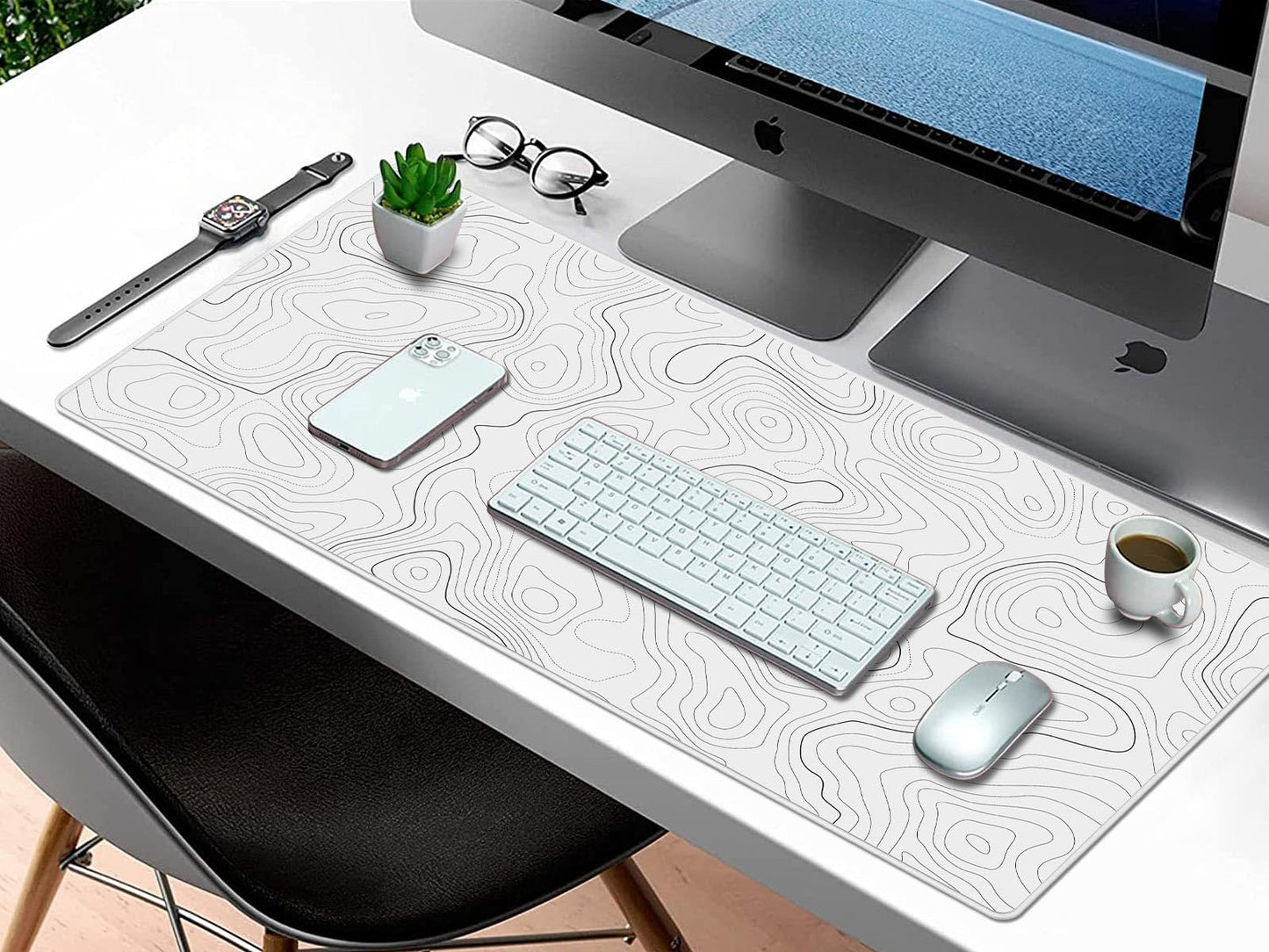 Rinaze Extra Large Gaming Mouse Pad with White Topographic, XXL Mousepad, Big Mouse Mat Desk Pad, Non Slip Keyboard Pad for Gaming Computer Laptop PC Office Desk Accessories