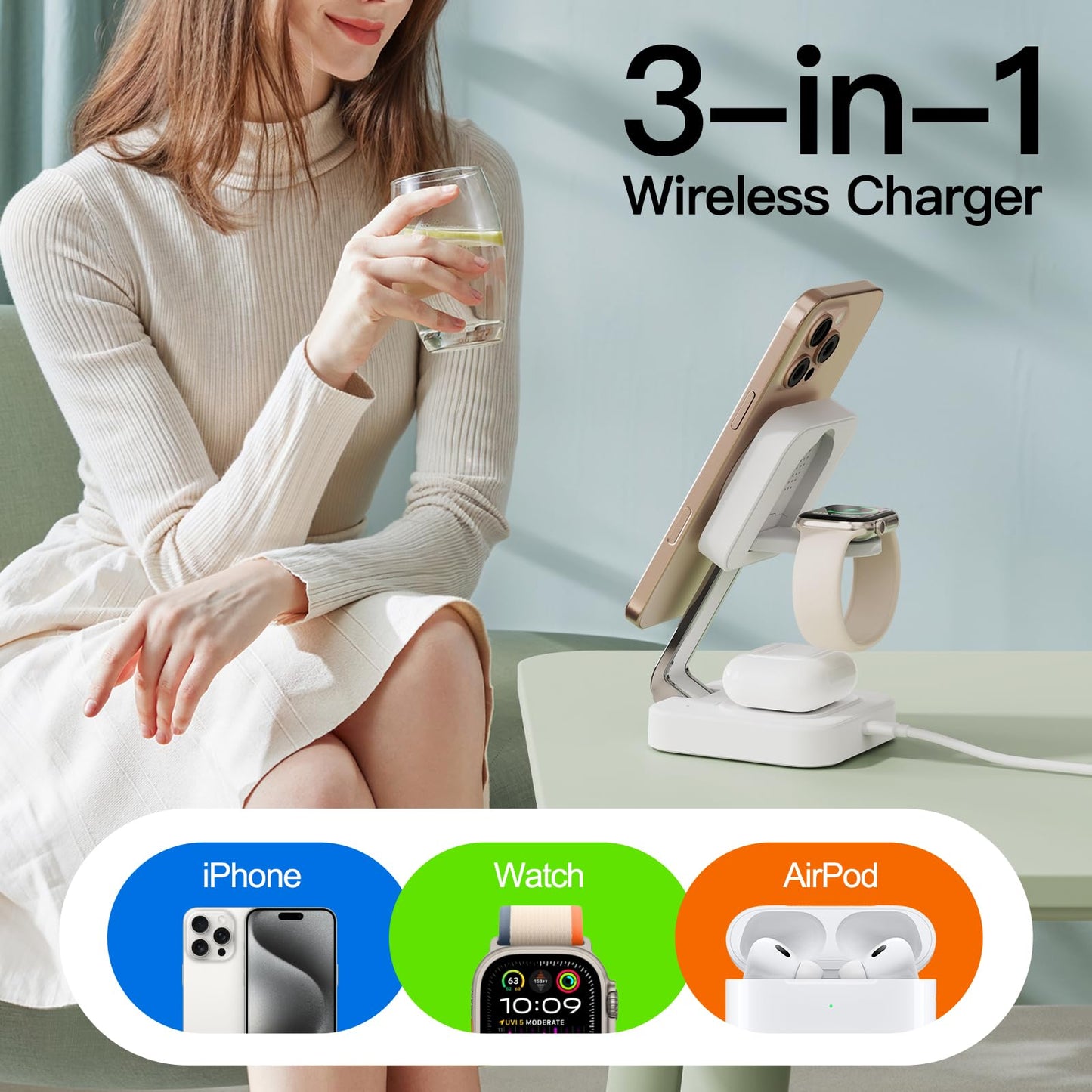 2025 Traveling Wireless Mag-safe Fast Charging Station,Magnetic 3 in 1 Charger with Light for iPhone 16 15 14 13 12 Pro Max Plus,Apple Watch Series & Air pods 4 3 2 Pro-Gifts for Wife & Husband(White)