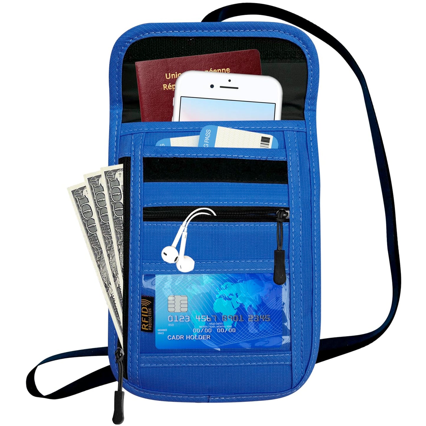 RFID Blocking Travel Neck Wallet Pouch and Passport Holder, Travel Neck Pouch Passport Holder for Women & Men - Blue