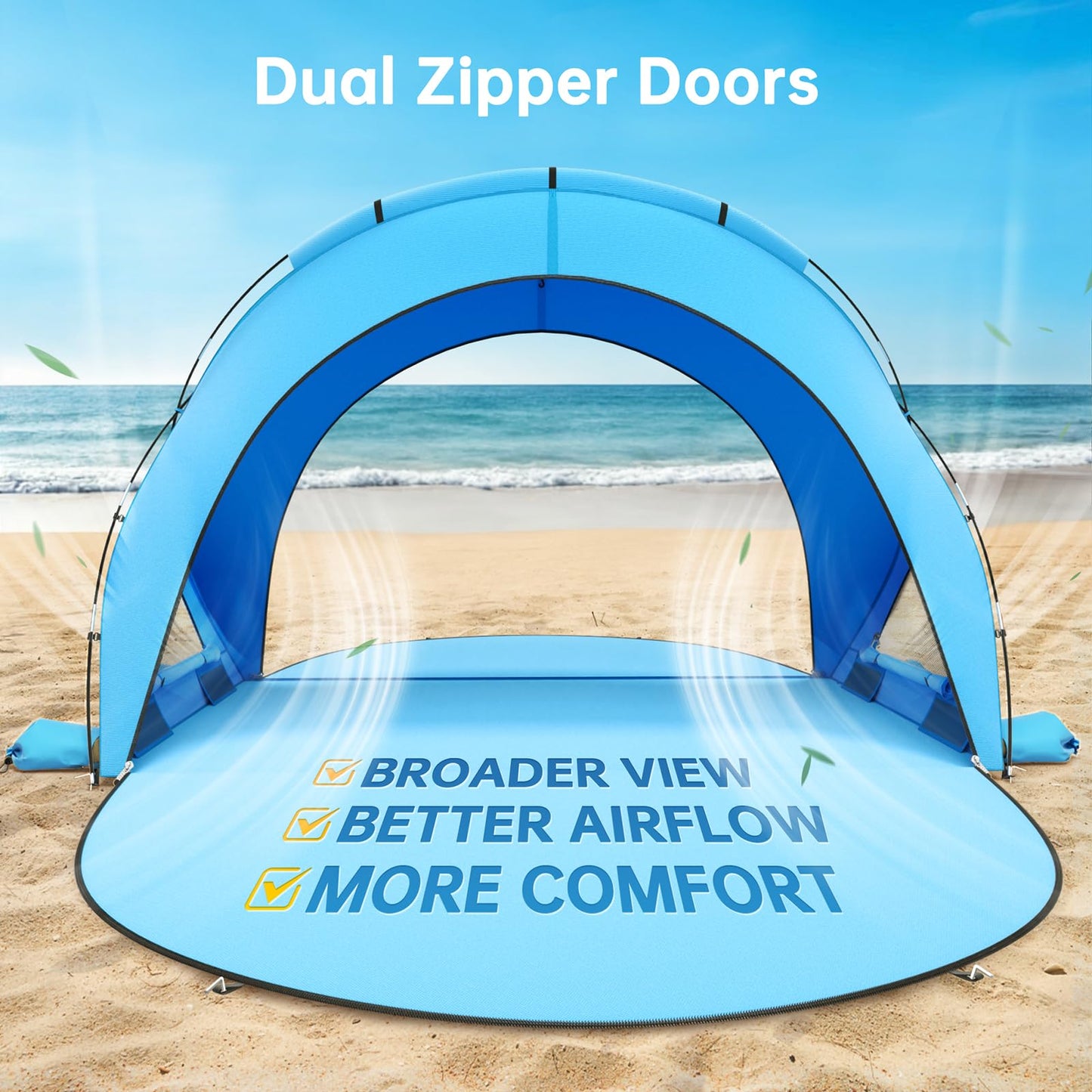 Raynesys Beach Tent Sun Shelter, Beach Shade Tent with UPF50+ UV Protection, Portable Sun Shelter for 1-3 Person, Sun Shade Tent with 2 Zippered Doors, Cool Cabana for Sand Camping Fishing, Blue