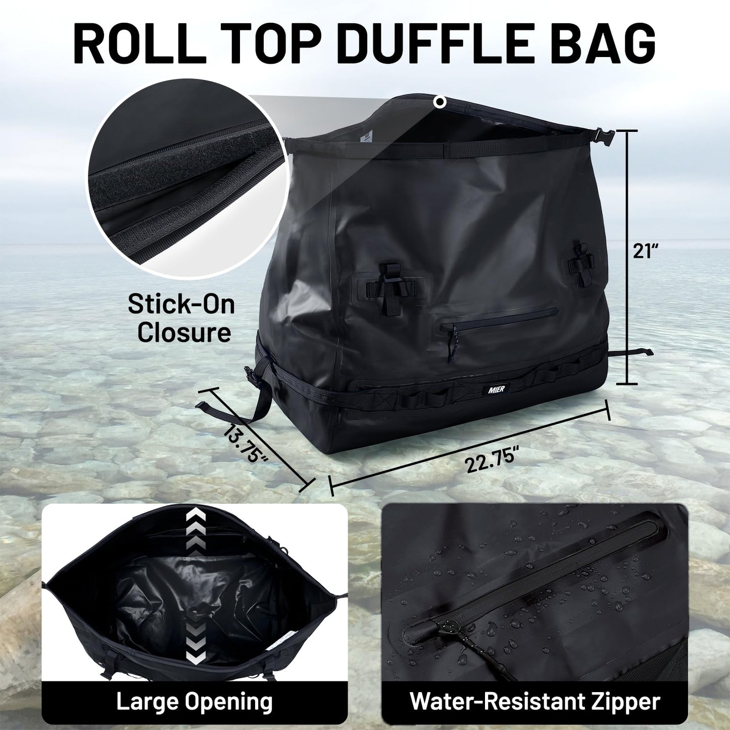 MIER Large Waterproof Duffel Bag Rolltop Dry Backpack Duffle Bags for Kayaking, Rafting, Boating, Swimming, Camping, Travel, Gym, Beach, 60L, Black
