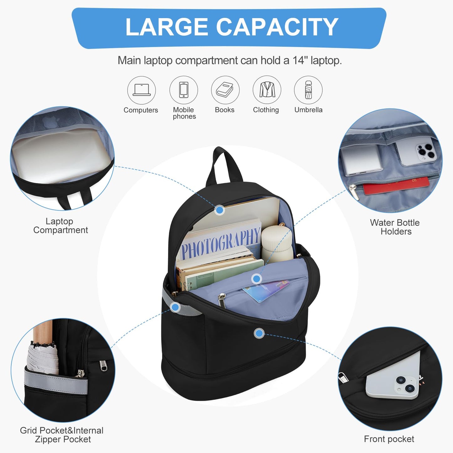 coofay Black Gym Backpack For Women Men Travel Backpack With Shoe Compartment Waterproof Sports Backpack Gym Bag Dance Backpack For Dancers