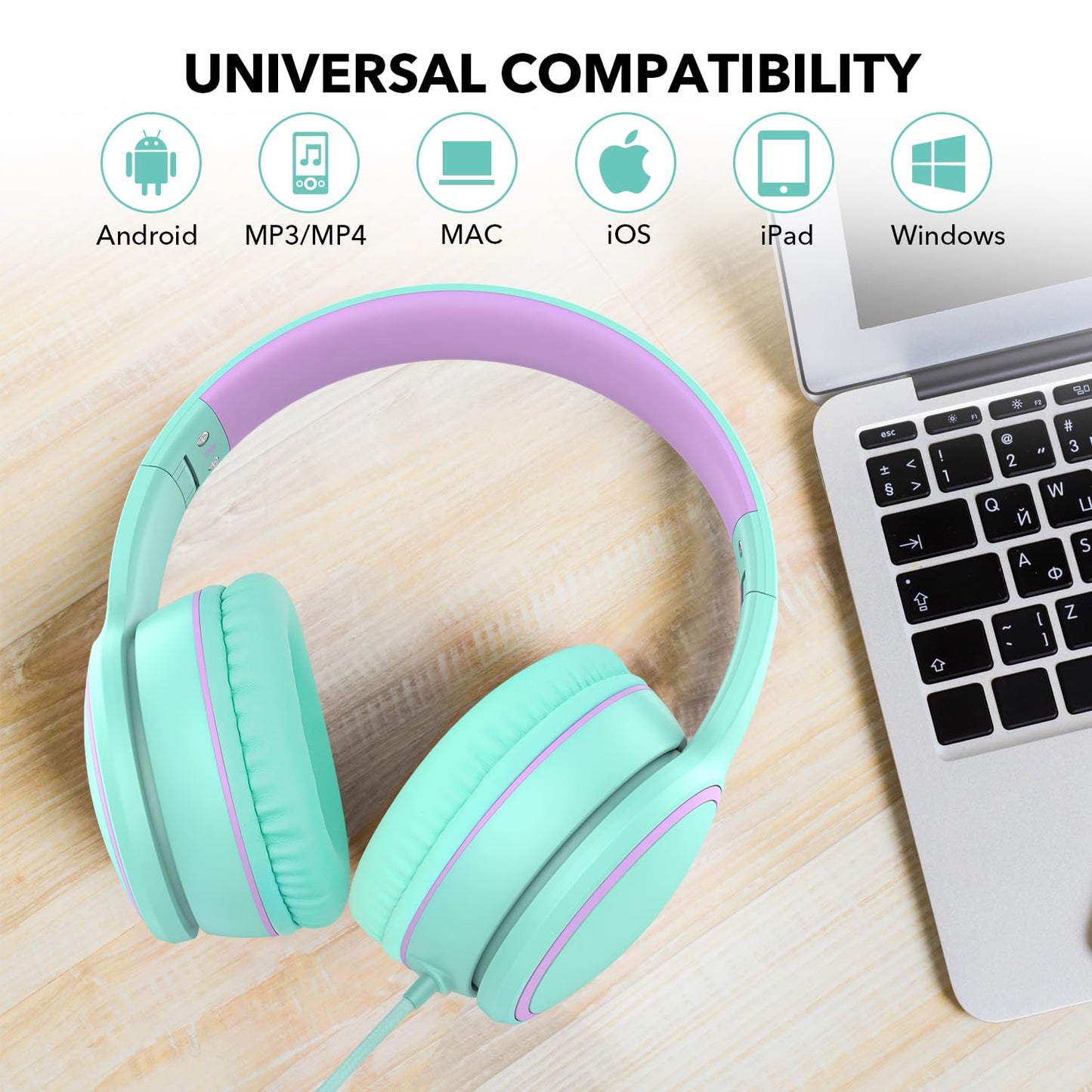 RORSOU R10 Over-Ear Headphones with Microphone Lightweight Folding Stereo Bass Headset with 1.5M No-Tangle Cord Portable Wired Headphones for Smartphone Tablet Computer Green