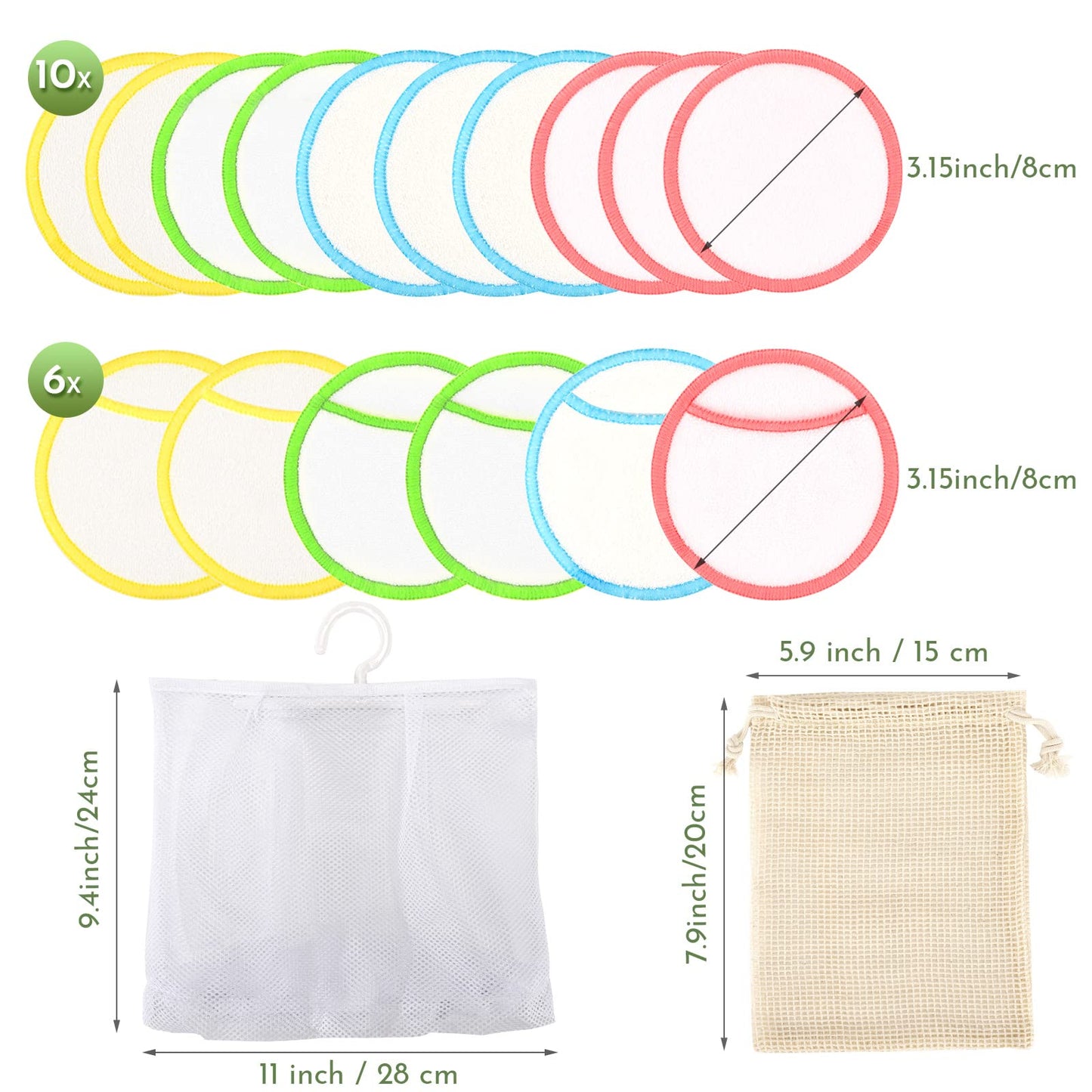 Organic Reusable Makeup Remover Pads, Pluggable & Eco-Friendly Natural Bamboo Cotton Rounds with Laundry Bag and Dry Net Bag, 16Pcs Double-Layer Cloths Bamboo Soft Cotton Rounds for All Skin Types