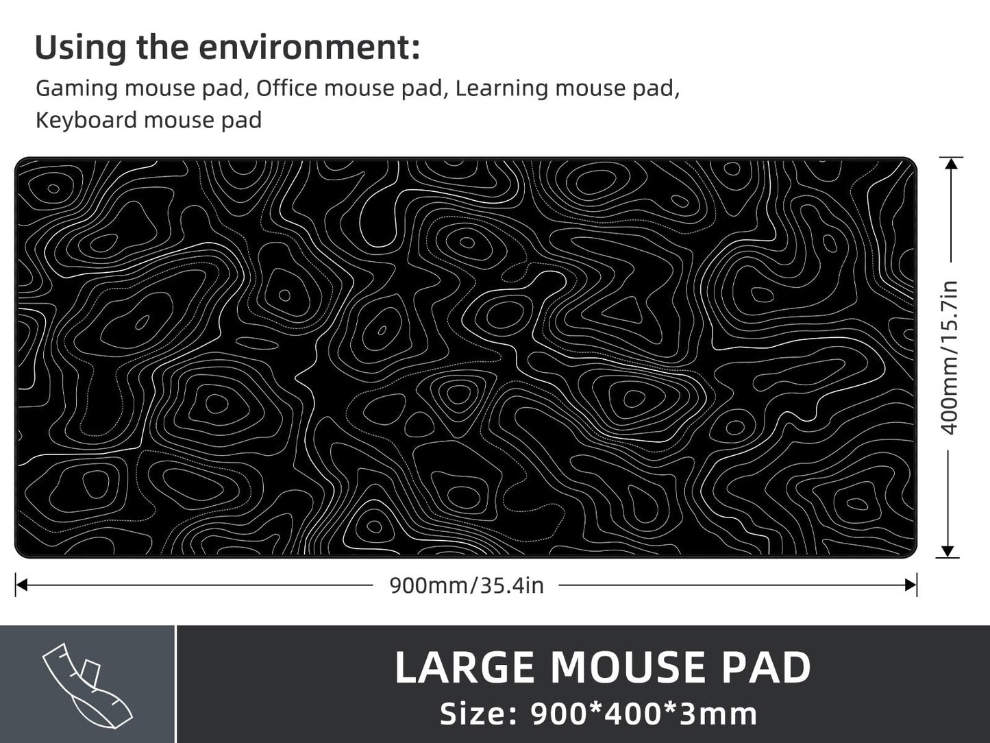 Rinaze Extra Large Gaming Mouse Pad with Black Topographic, XXL Mousepad, Big Mouse Mat Desk Pad, Non Slip Keyboard Pad for Gaming Computer Laptop PC Office Desk Accessories