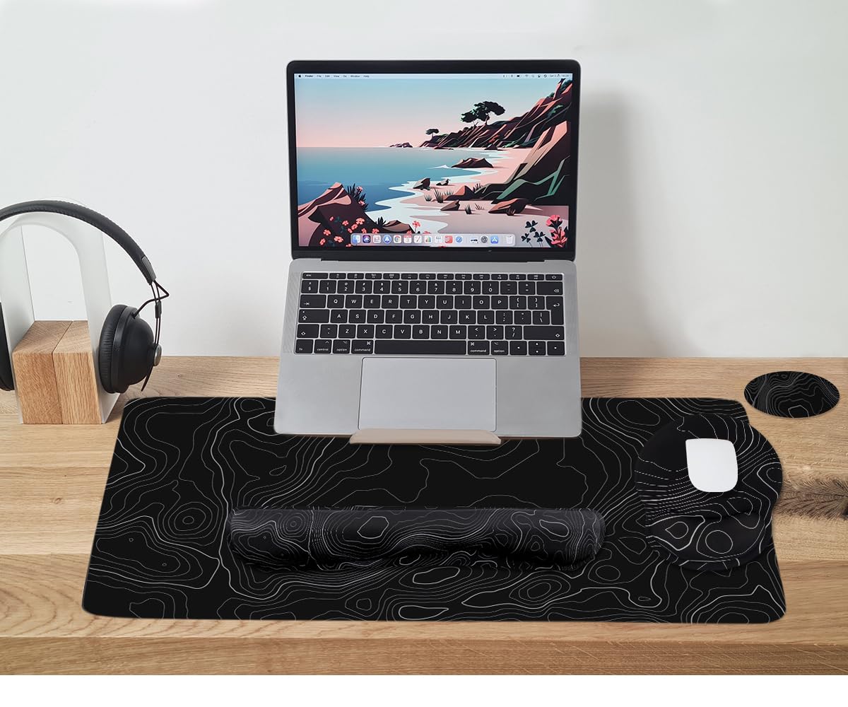 4-in-1 Gaming Mouse Pad Wrist Support Set,Desk Pad + Mouse Pad with Wrist Rest + Keyboard Wrist Rest + Coaster, Ergonomic Design for Home Office Study Game - Topographic Contour
