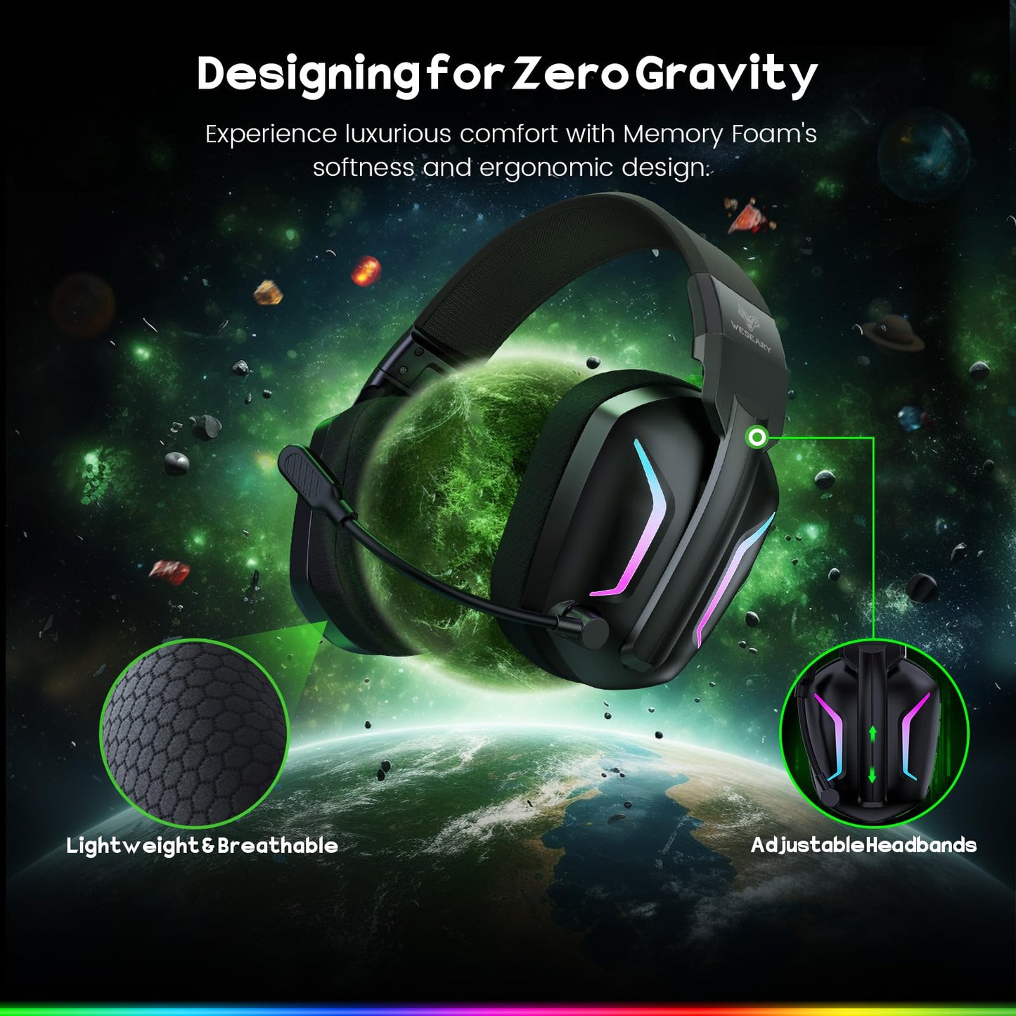 WESEARY Wireless Gaming Headsets for PC, PS5, PS4, Switch, Mac, 2.4GHz Wireless Gaming Headphone with ENC Noise Canceling Microphone, Bluetooth 5.4, Cool Lighting, 50H Battery, 50mm Drivers