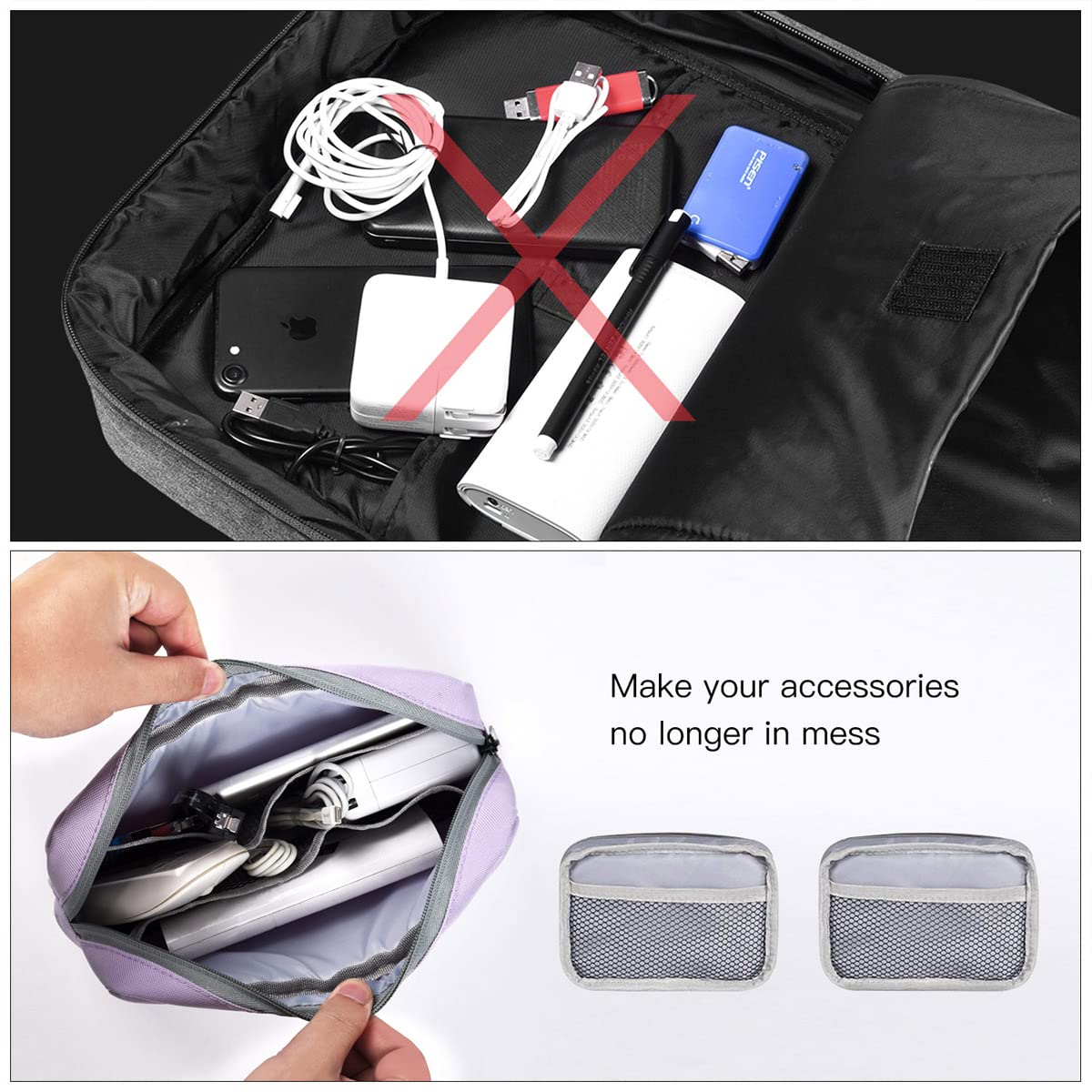 Universal Electronics Accessories Bag Pouch, 2-Pack Portable Soft Carrying Case Bag Wire Cable Organizer for Hard Drive, Power Adapter, Laptop Mouse, Cosmetics Kit, Cell Phone, Small+Big-Purple