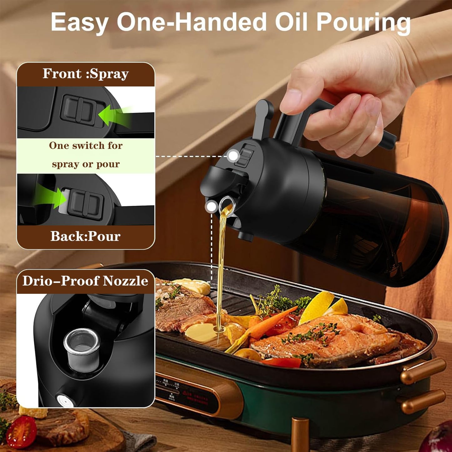 OURCABECUE Oil Sprayer for Cooking, 16oz Glass Olive Oil Dispenser Bottle for Kitchen Gadgets, 2 in 1 Spray and Pour Dark Brown Bottle with Stickers for Air Fryer, Salad