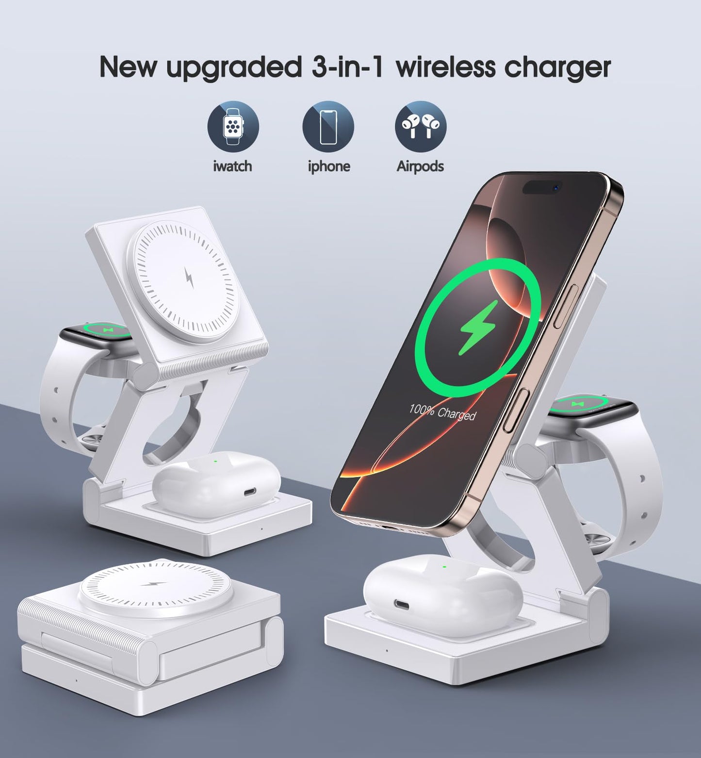 3 in 1 Wireless Charging Station for Apple Multple Devices - Foldable Magnetic Wireless Charger Dock -Travel 18W Charging Pad for iPhone 16 15 14 13 12 Pro/Pro Max/Plus/Watch & Airpods All Series
