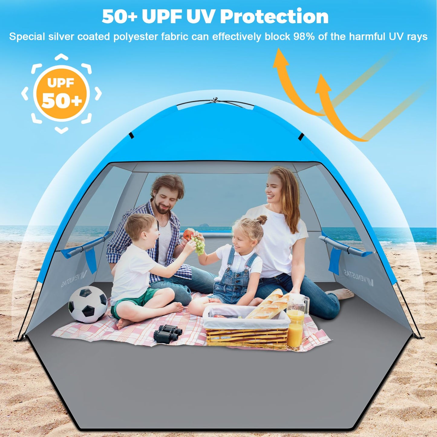 Venustas Beach Tent Sun Shelter for 3/4-5/6-7/8-10 Person, UPF 50+ UV Protection Beach Canopy, Lightweight and Easy Setup Cabana, Portable Shade Tent