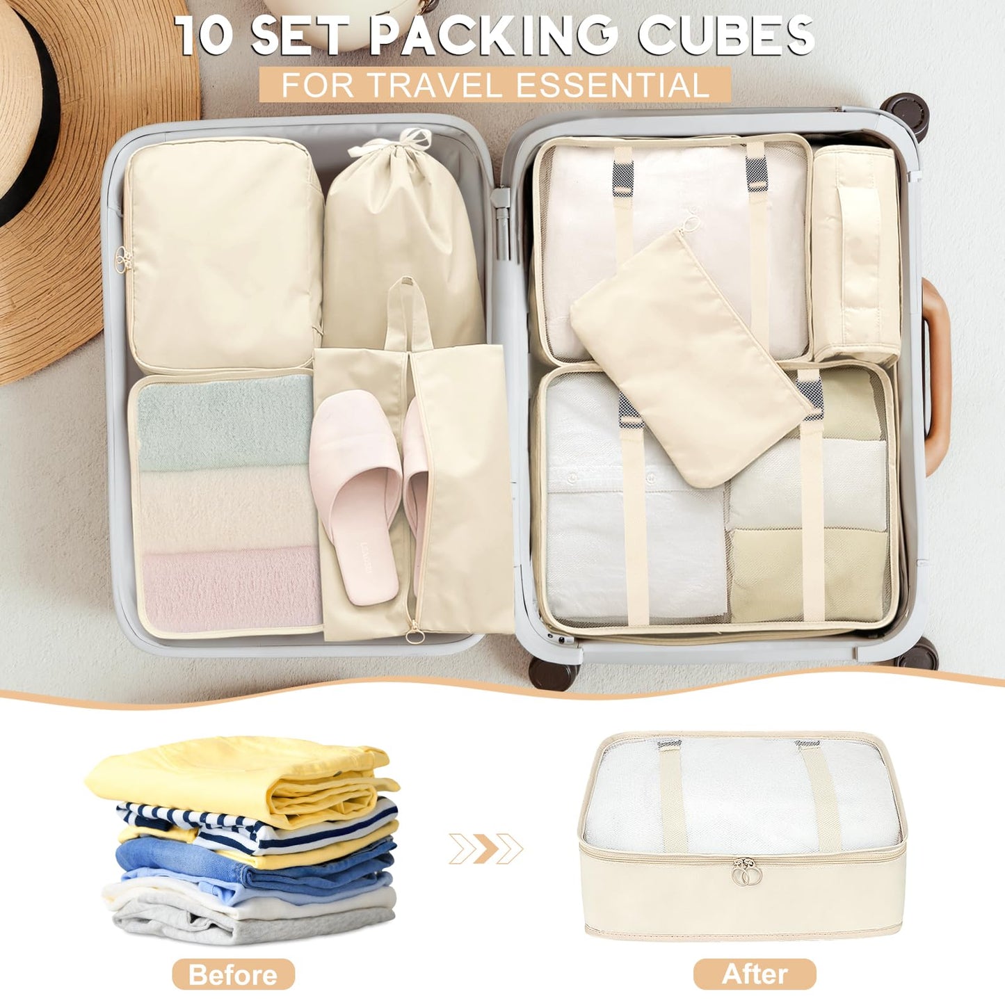 10 Set Packing Cubes for Travel, Luggage Organizer Bags with Hanging Toiletry Bag and Shoe Bag, Travel Packing Cubes for Carry on Suitcase Luggage Accessories Vacation Essentials (Beige)